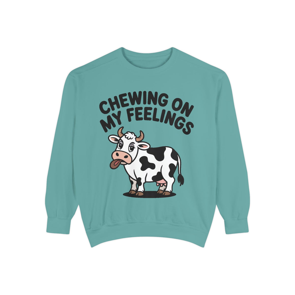 Chewing On My Feelings Sweatshirt, Funny Cow Crewneck, Cute Cow Lover Gift, Embroidered Style Cow Sweatshirt, Funny Farm Animal Shirt