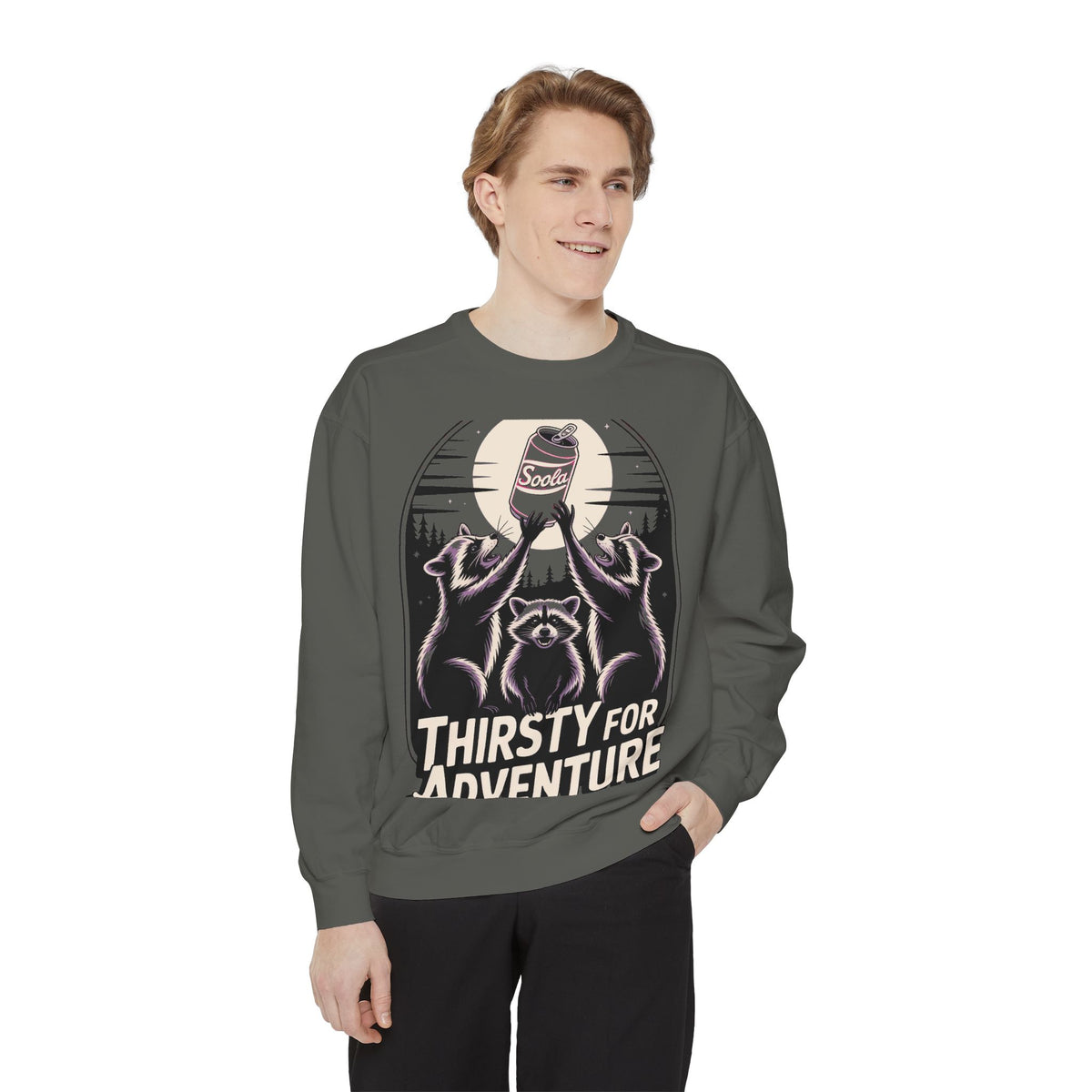 Thirsty For Adventure Raccoons Sweatshirt, Funny Vintage Poster Crewneck, Retro Raccoon Graphic Sweatshirt Gift