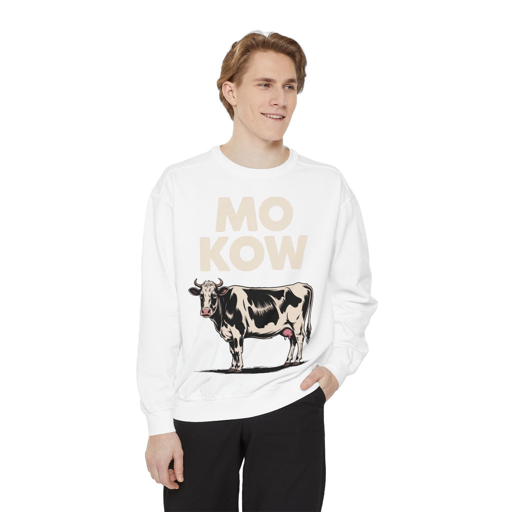 Mo Kow Funny Cow Sweatshirt, Absurd Meme Crewneck, Deadpan Farm Animal Embroidered Sweatshirt, Funny Cow Lover Gift