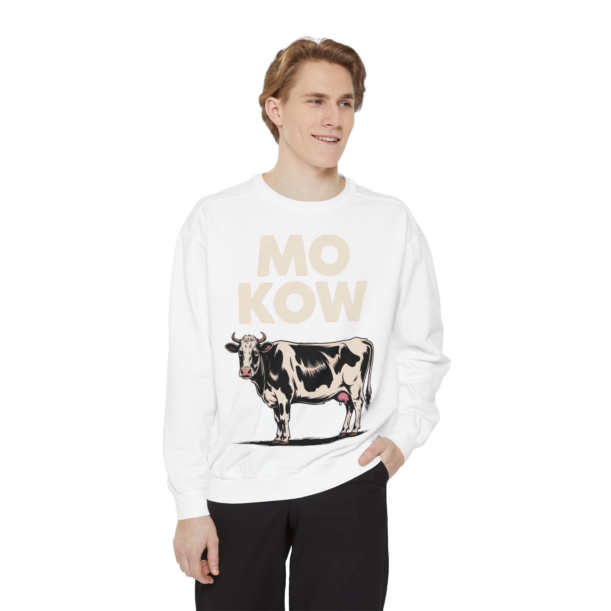 Mo Kow Funny Cow Sweatshirt, Absurd Meme Crewneck, Deadpan Farm Animal Embroidered Sweatshirt, Funny Cow Lover Gift