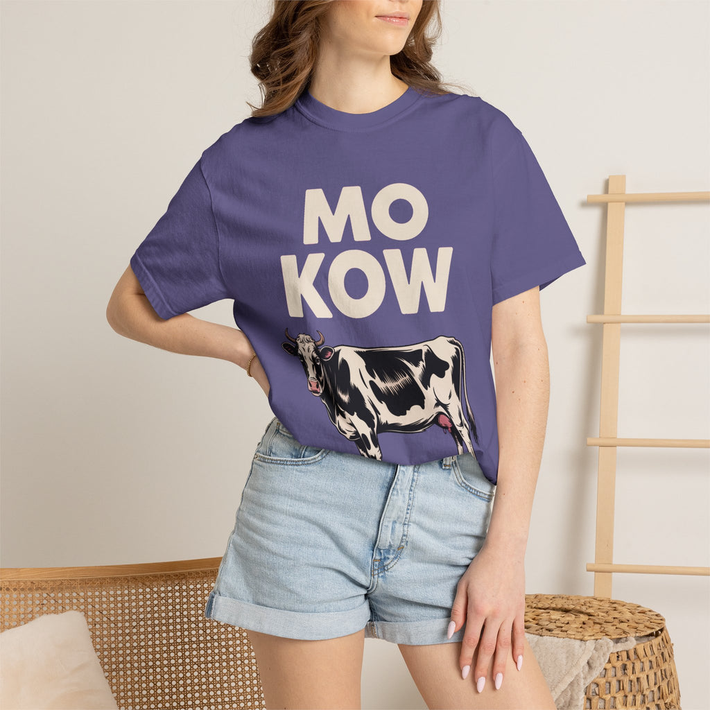 Mo Kow Funny Cow Shirt, Absurd Meme T-Shirt, Deadpan Farm Animal Tee, Weird Cow Lover Gift, Funny Misspelled Label Shirt