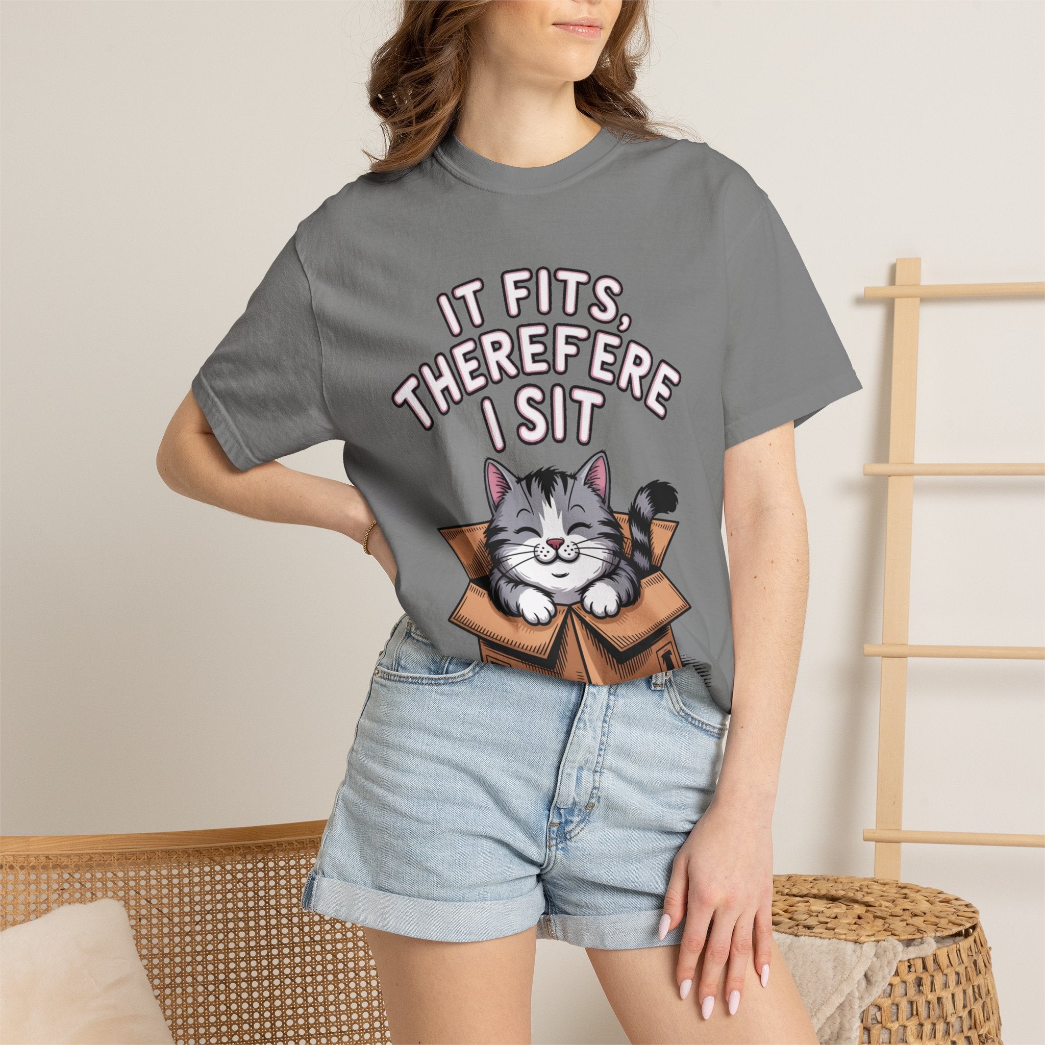It Fits Therefore I Sit Cat Shirt, Funny Cat In Box T-Shirt, Cute Chubby Cat Lover Gift, Cat Owner Shirt, Funny Cat Meme Tee