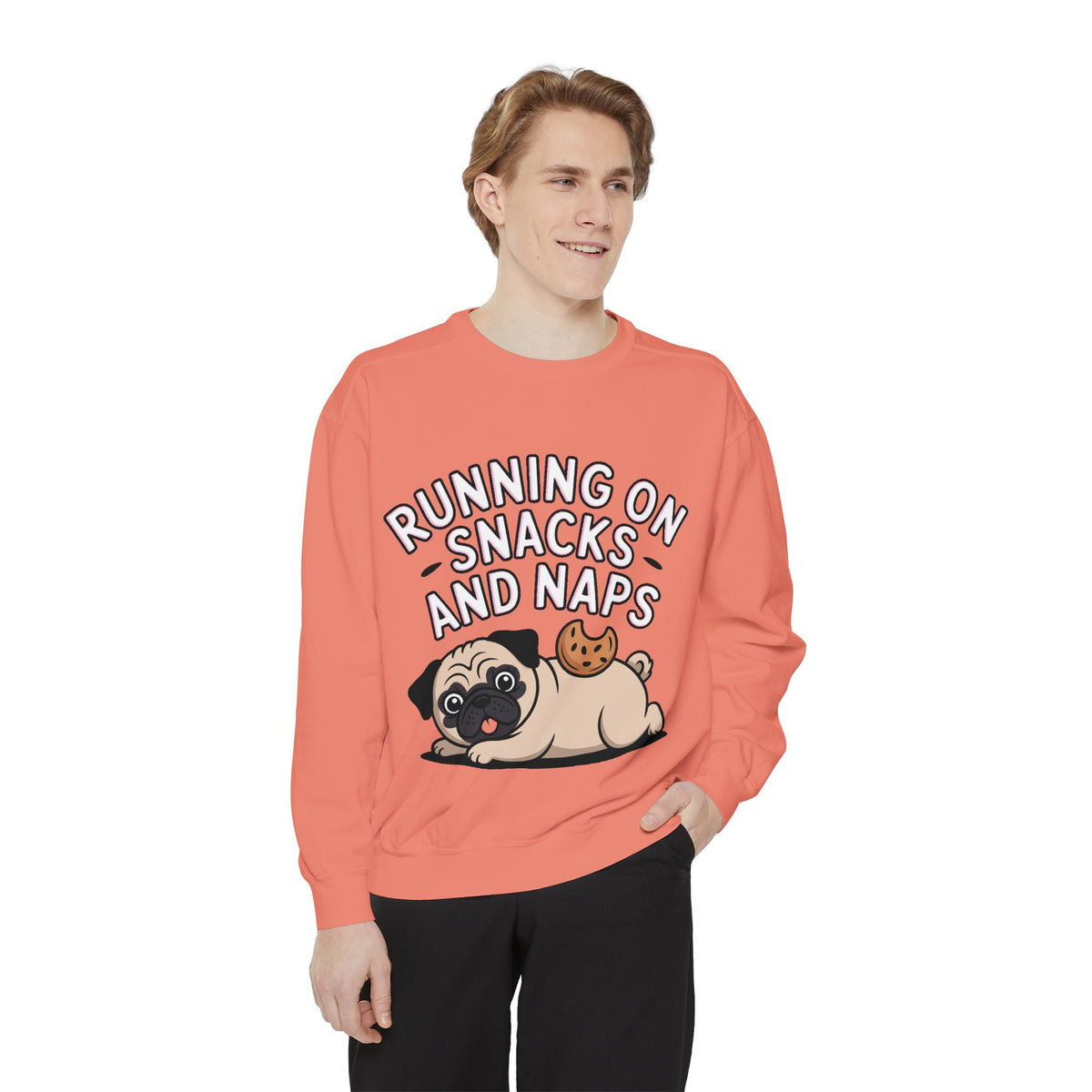 Pug Sweatshirt, Funny Running On Snacks And Naps Crewneck, Cute Pug Lover Gift, Embroidered Patch Style Dog Sweater