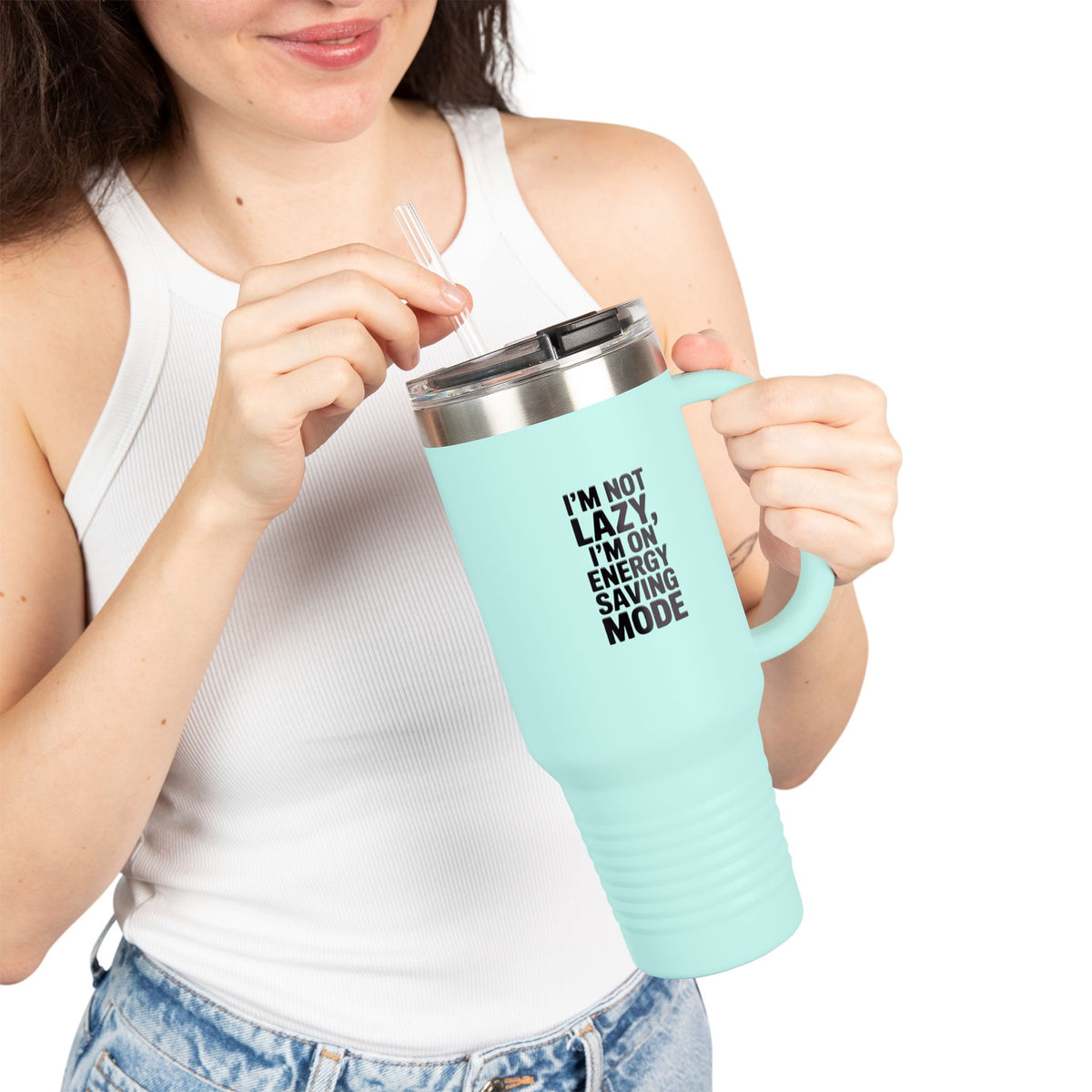 Energy Saving Mode Travel Mug, Funny Lazy Quote Tumbler, I'm Not Lazy Sarcastic Mug Gift, 40oz Insulated Tumbler with Handle