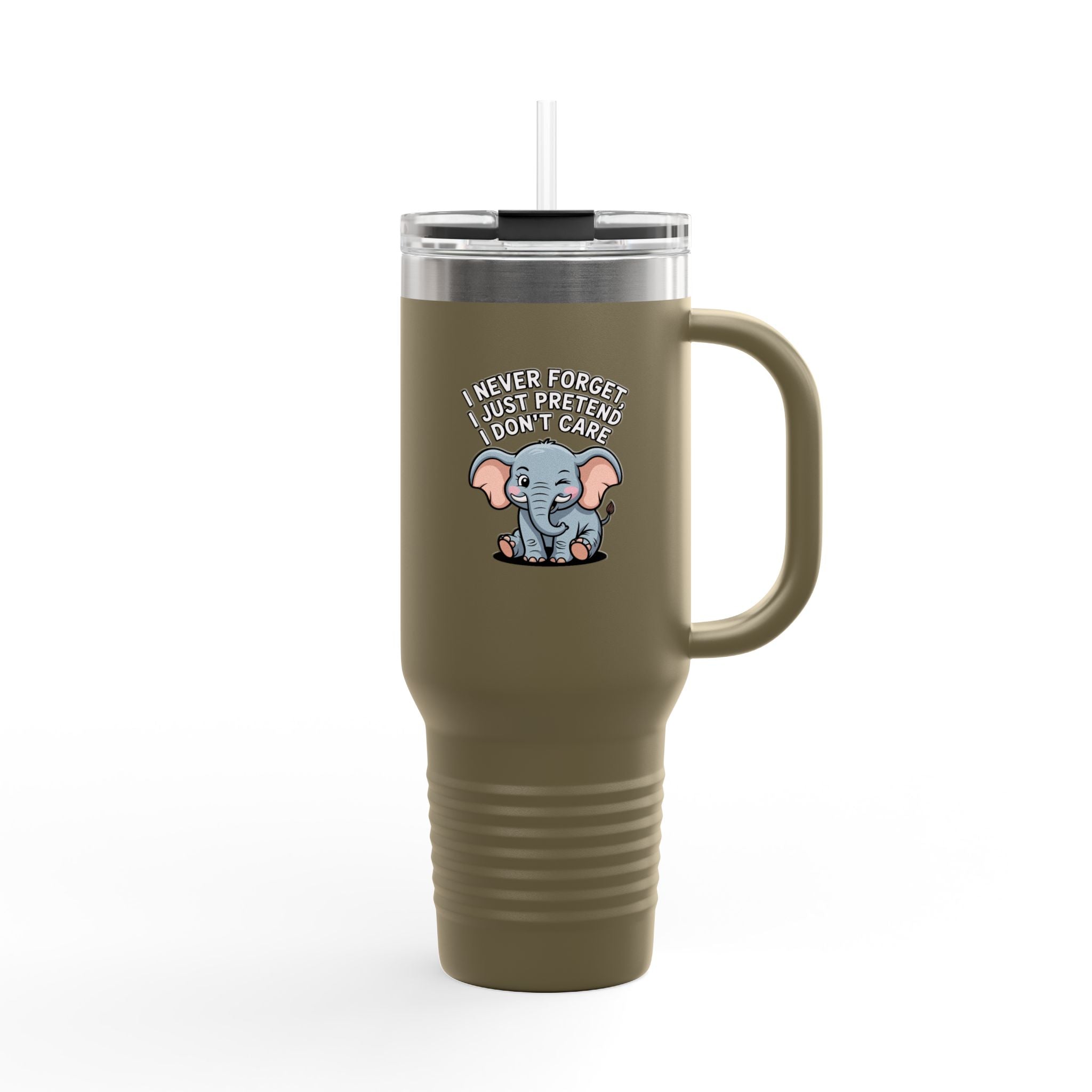 Funny Elephant Travel Mug, I Never Forget Quote Tumbler, Sarcastic Elephant Gift, 40oz Insulated Mug with Handle and Straw