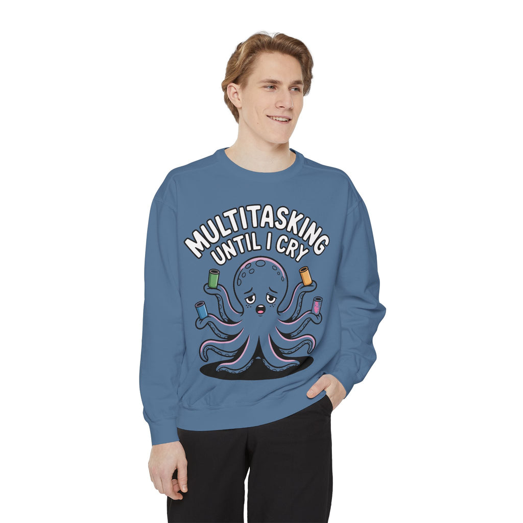 Multitasking Octopus Sweatshirt, Funny Stressed Octopus Crewneck, Embroidery-Patch Style Sweatshirt, Busy Mom Gift, Work Humor Pullover