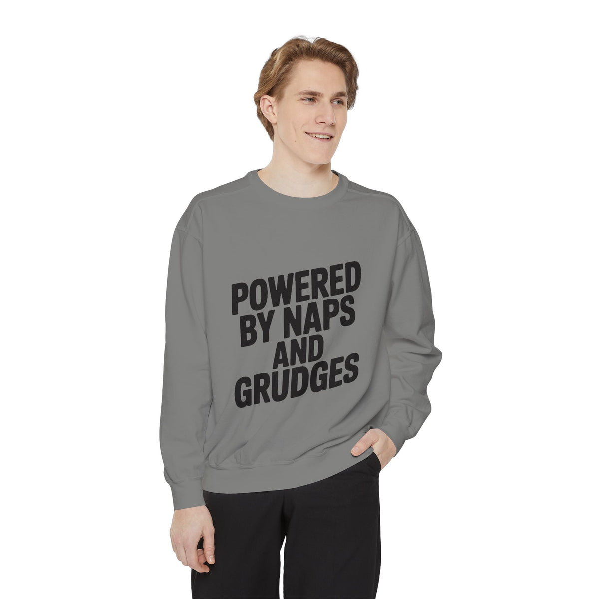 Powered By Naps And Grudges Sweatshirt, Funny Sarcastic Crewneck, Embroidered-Look Graphic Sweatshirt, Sarcasm Lover Gift