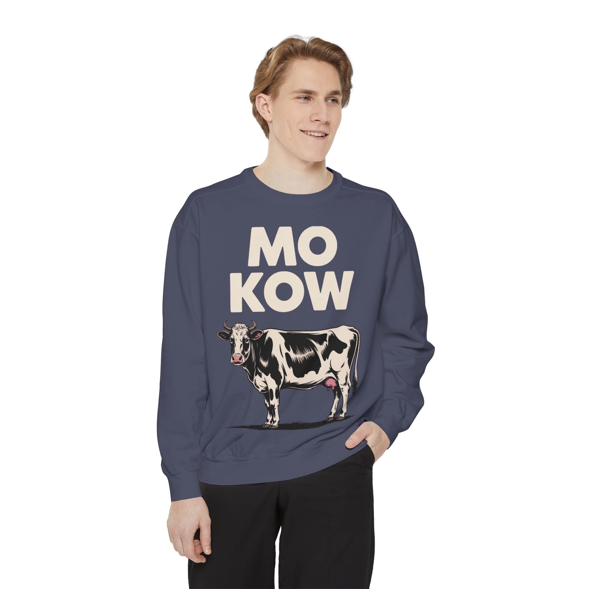 Mo Kow Funny Cow Sweatshirt, Absurd Meme Crewneck, Deadpan Farm Animal Embroidered Sweatshirt, Funny Cow Lover Gift