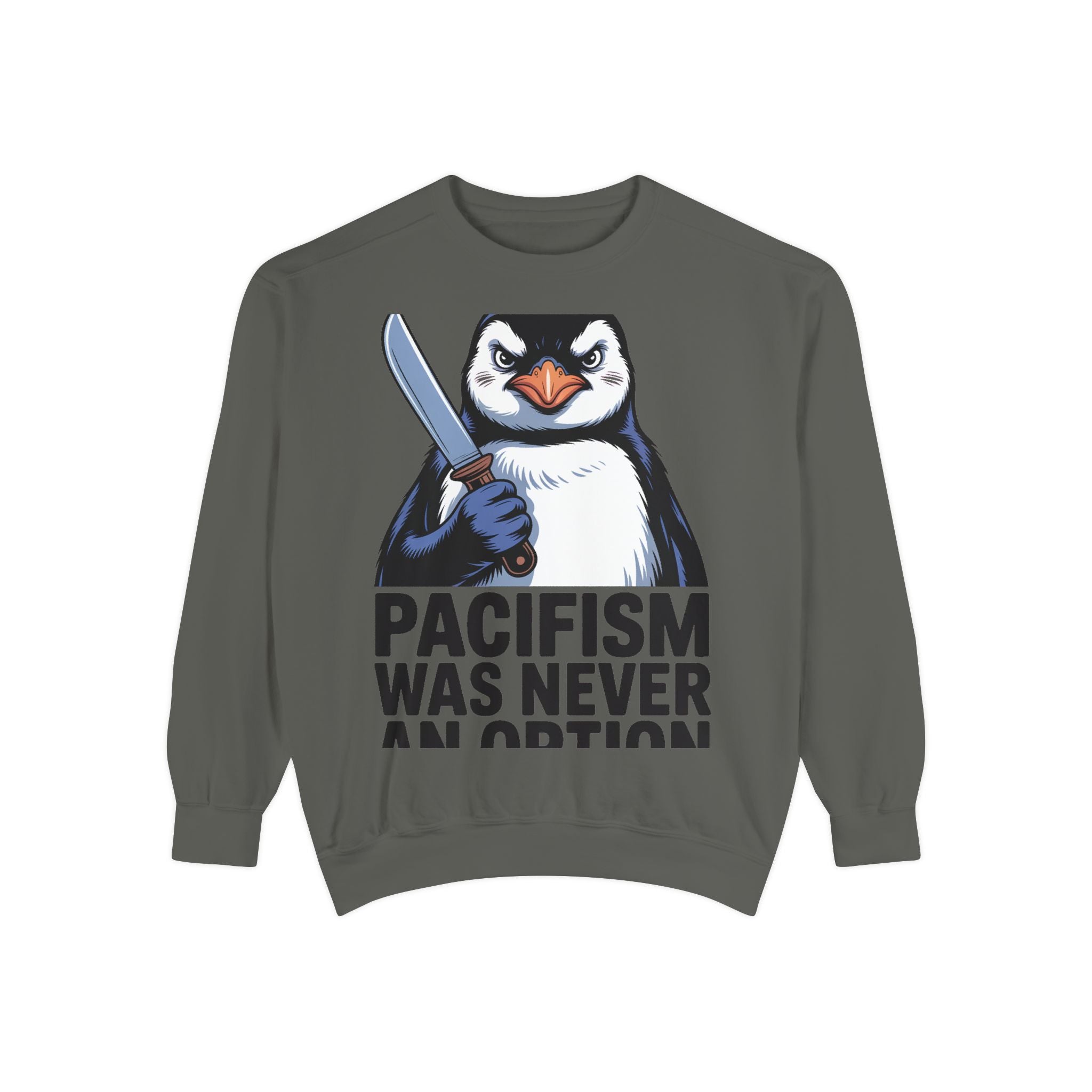 Pacifism Was Never An Option Penguin Sweatshirt, Funny Butter Knife Penguin Crewneck, Vintage Poster Style Graphic Sweatshirt Gift