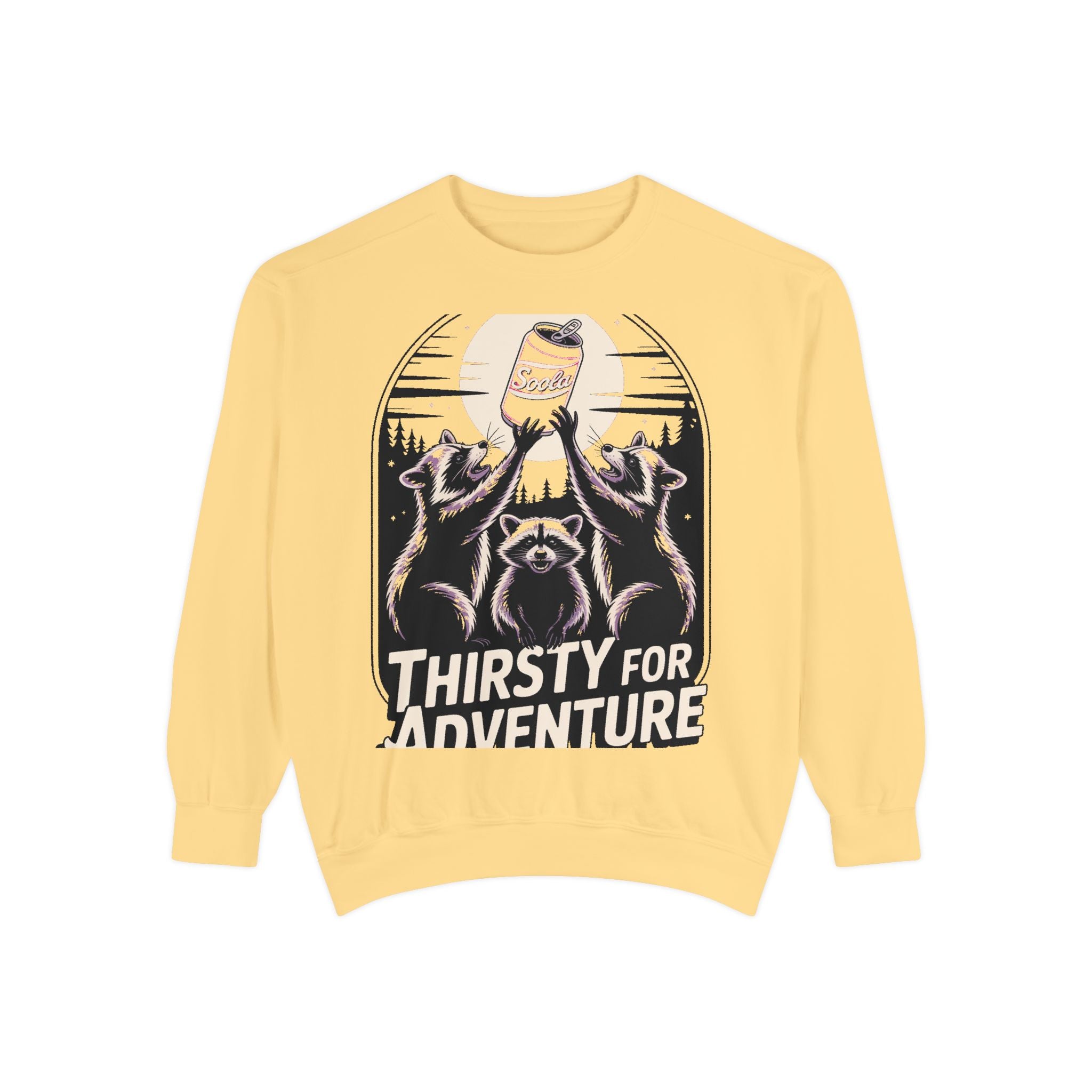 Thirsty For Adventure Raccoons Sweatshirt, Funny Vintage Poster Crewneck, Retro Raccoon Graphic Sweatshirt Gift