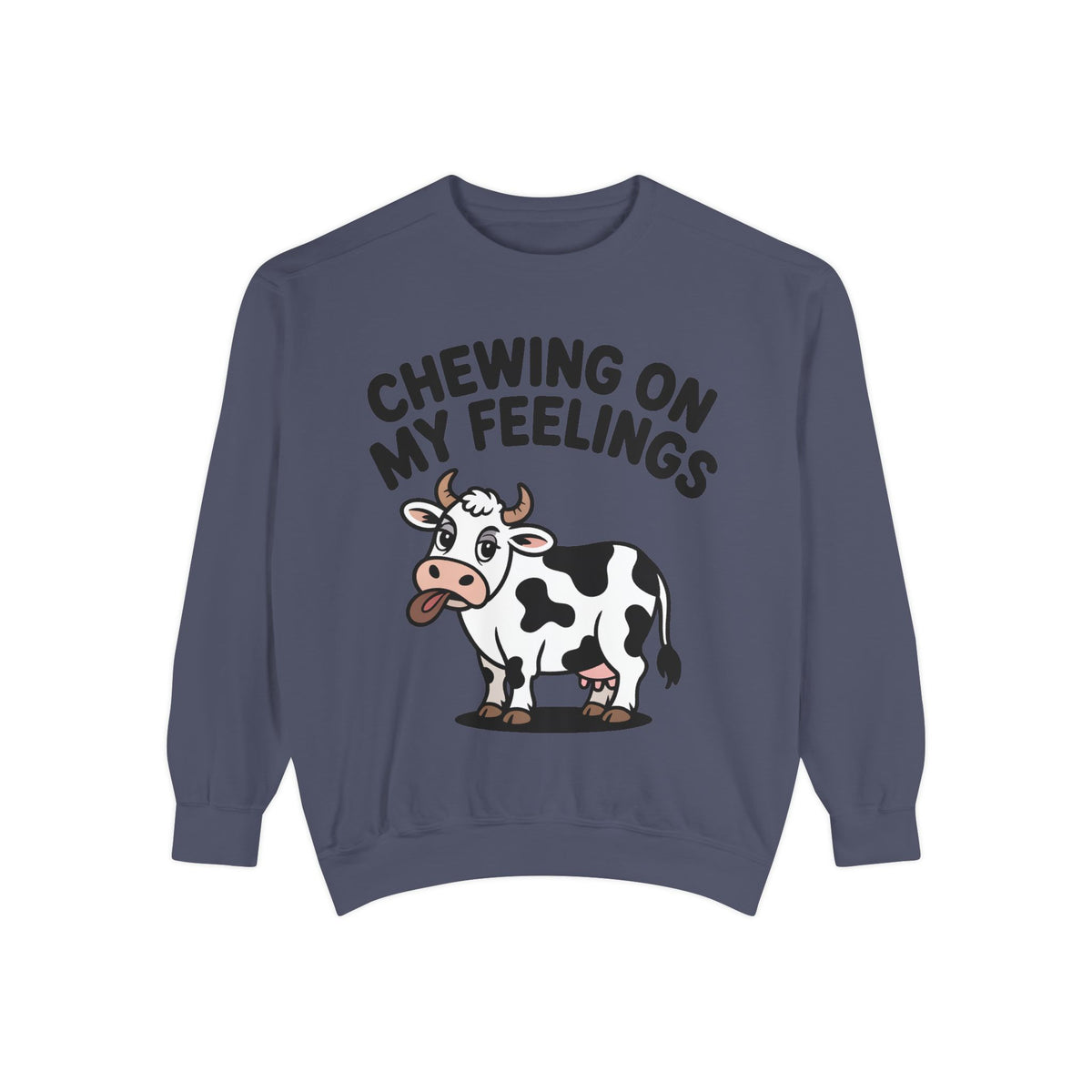 Chewing On My Feelings Sweatshirt, Funny Cow Crewneck, Cute Cow Lover Gift, Embroidered Style Cow Sweatshirt, Funny Farm Animal Shirt
