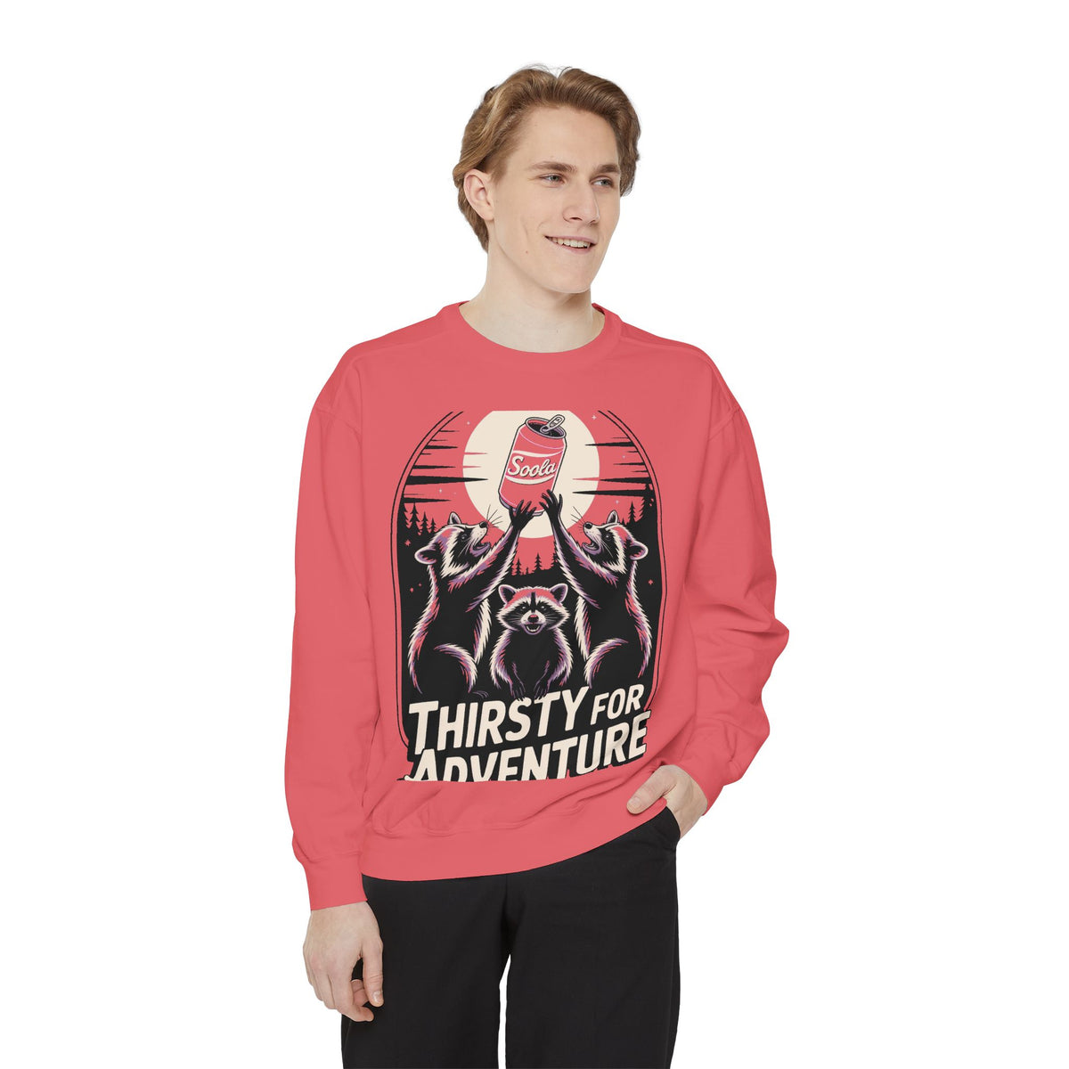 Thirsty For Adventure Raccoons Sweatshirt, Funny Vintage Poster Crewneck, Retro Raccoon Graphic Sweatshirt Gift