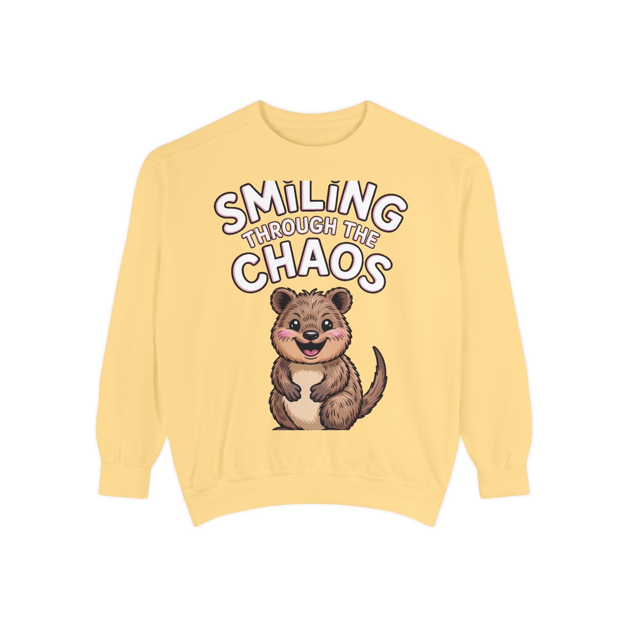 Smiling Through The Chaos Quokka Sweatshirt, Cute Embroidered-Look Crewneck, Funny Quokka Lover Gift, Positive Vibes Pullover