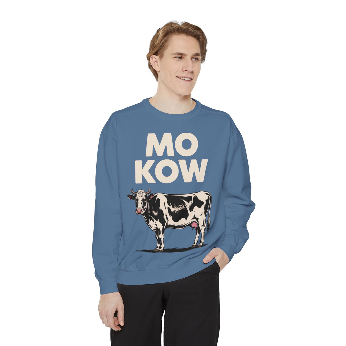 Mo Kow Funny Cow Sweatshirt, Absurd Meme Crewneck, Deadpan Farm Animal Embroidered Sweatshirt, Funny Cow Lover Gift