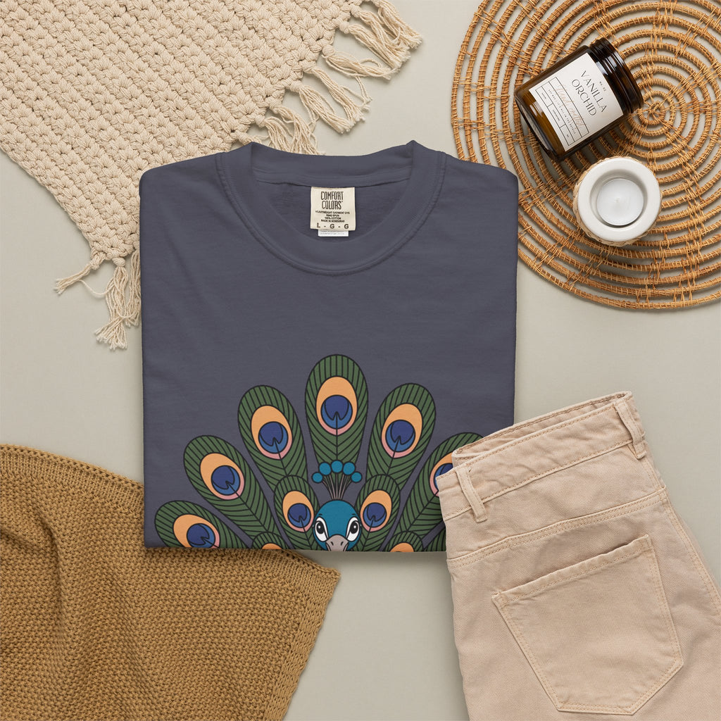 Cute Peacock T-Shirt, Fanned Feathers Bird Lover Gift Tee, Cartoon Peacock Graphic Shirt for Nature Lovers