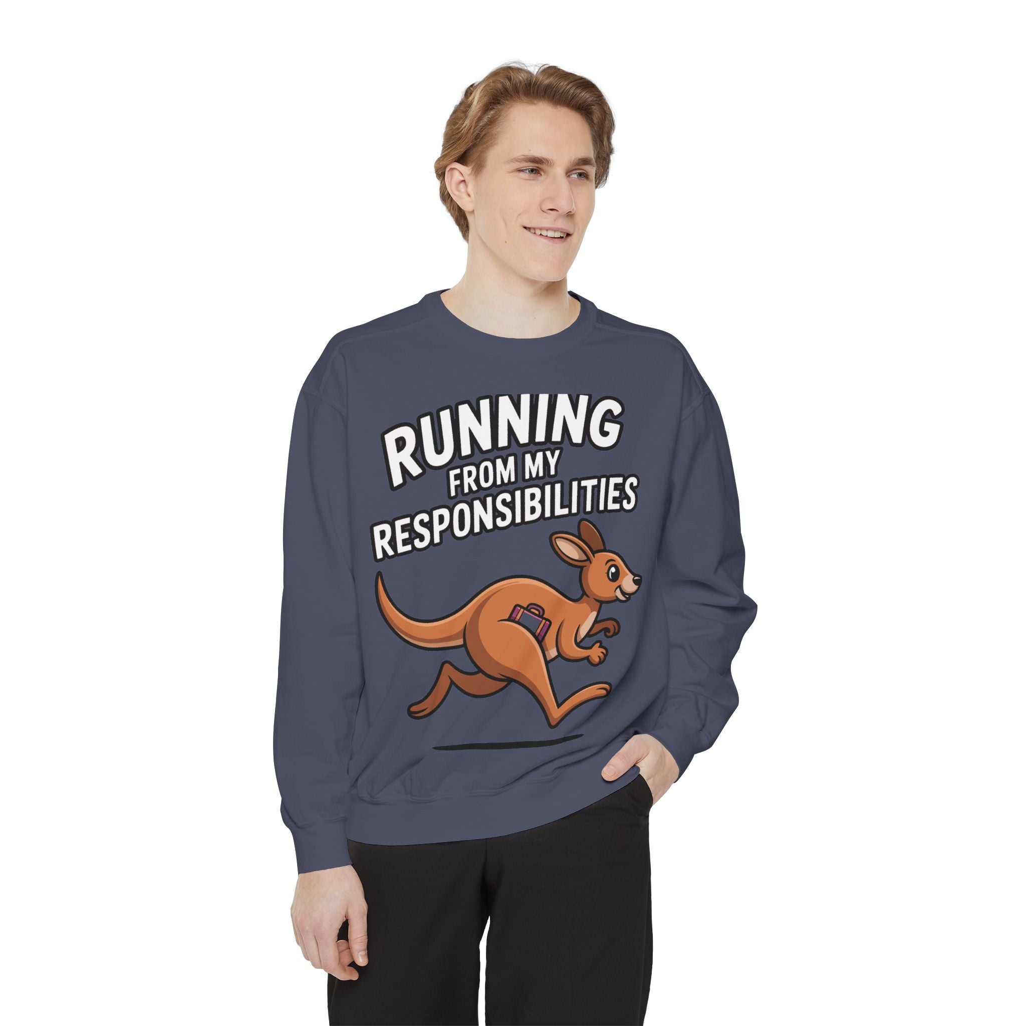Running From My Responsibilities Sweatshirt, Funny Kangaroo Crewneck, Adulting Humor Gift, Cute Cartoon Animal Sweatshirt