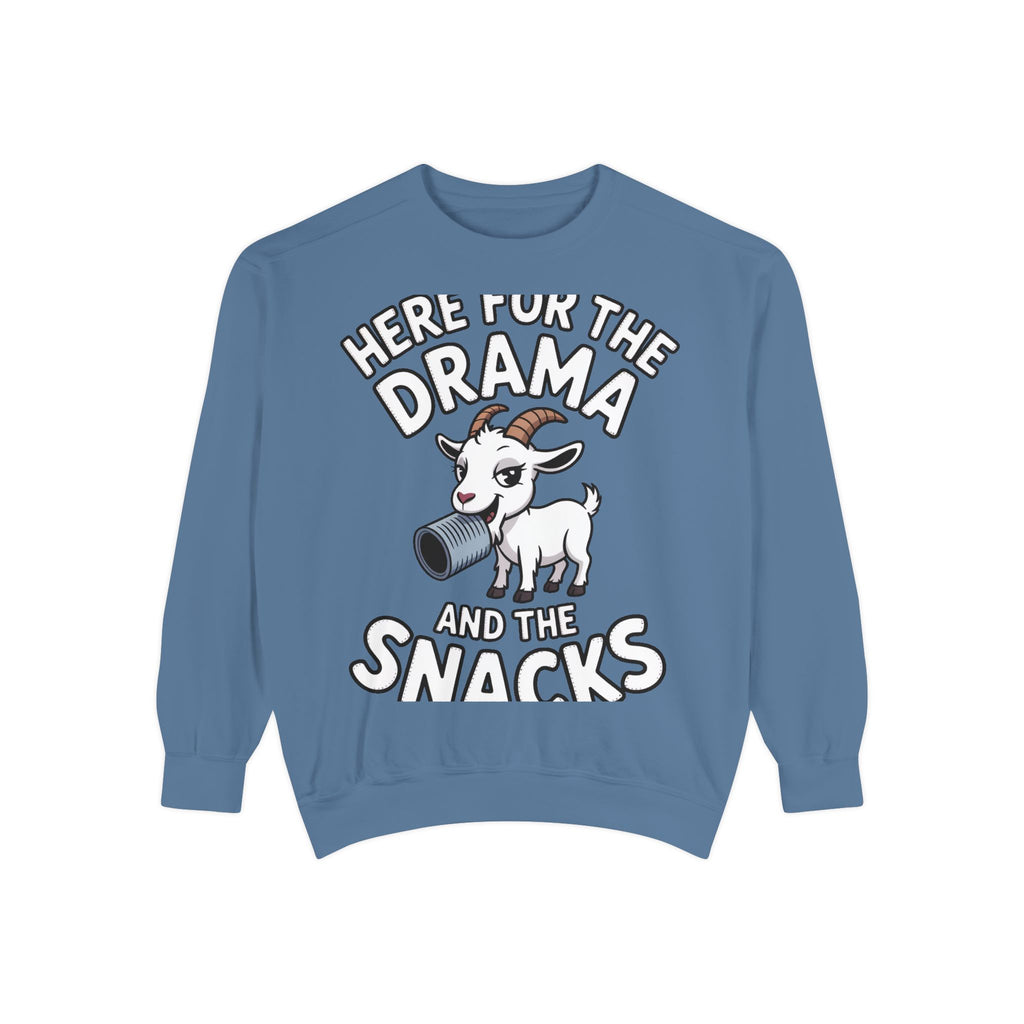 Funny Goat Sweatshirt, Here For The Drama And The Snacks Crewneck, Cute Goat Lover Gift, Embroidered Patch Style Sweatshirt