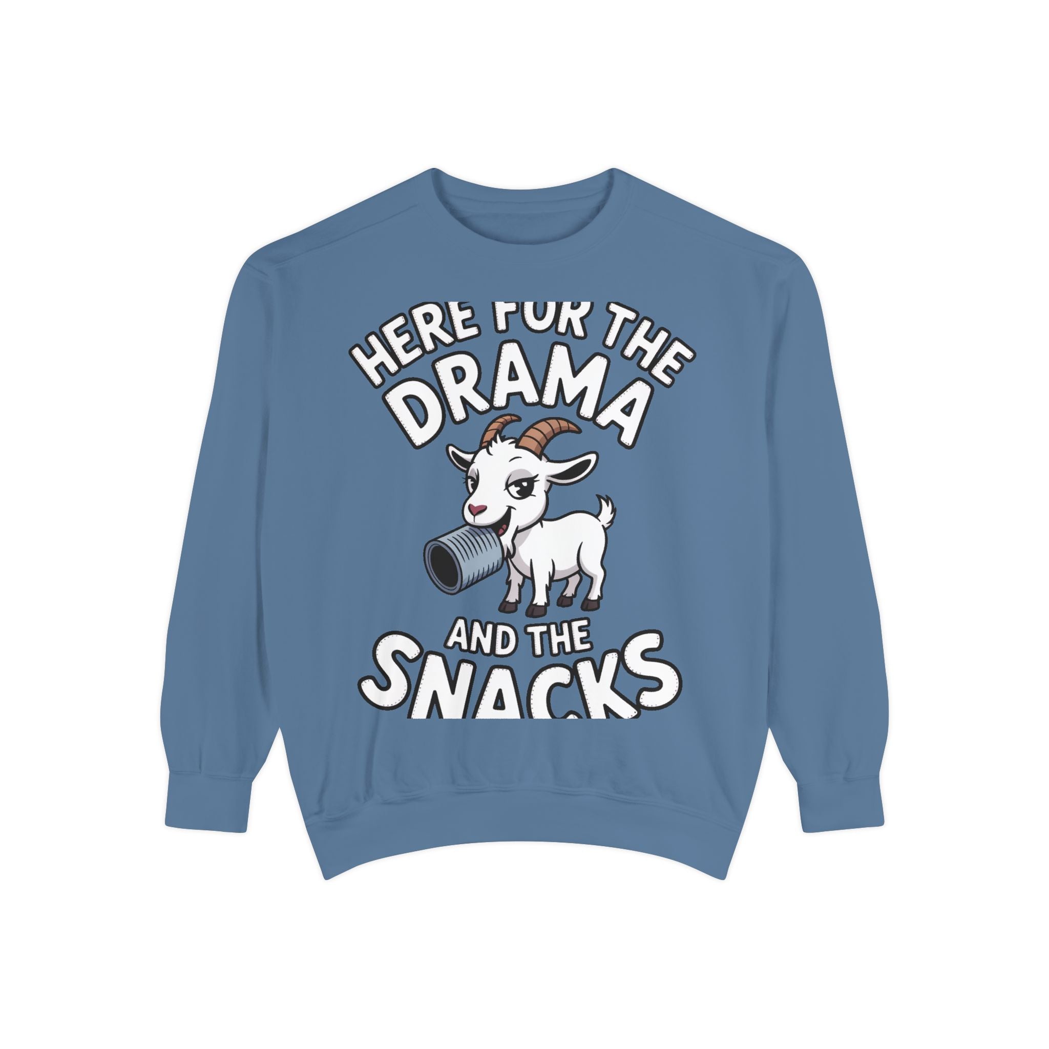 Funny Goat Sweatshirt, Here For The Drama And The Snacks Crewneck, Cute Goat Lover Gift, Embroidered Patch Style Sweatshirt