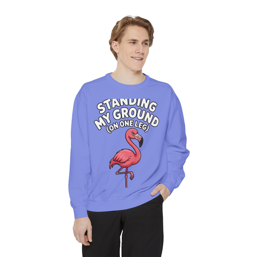 Standing My Ground Flamingo Sweatshirt, Funny One Leg Flamingo Crewneck, Sassy Bird Lover Gift, Embroidered Patch Style Sweatshirt