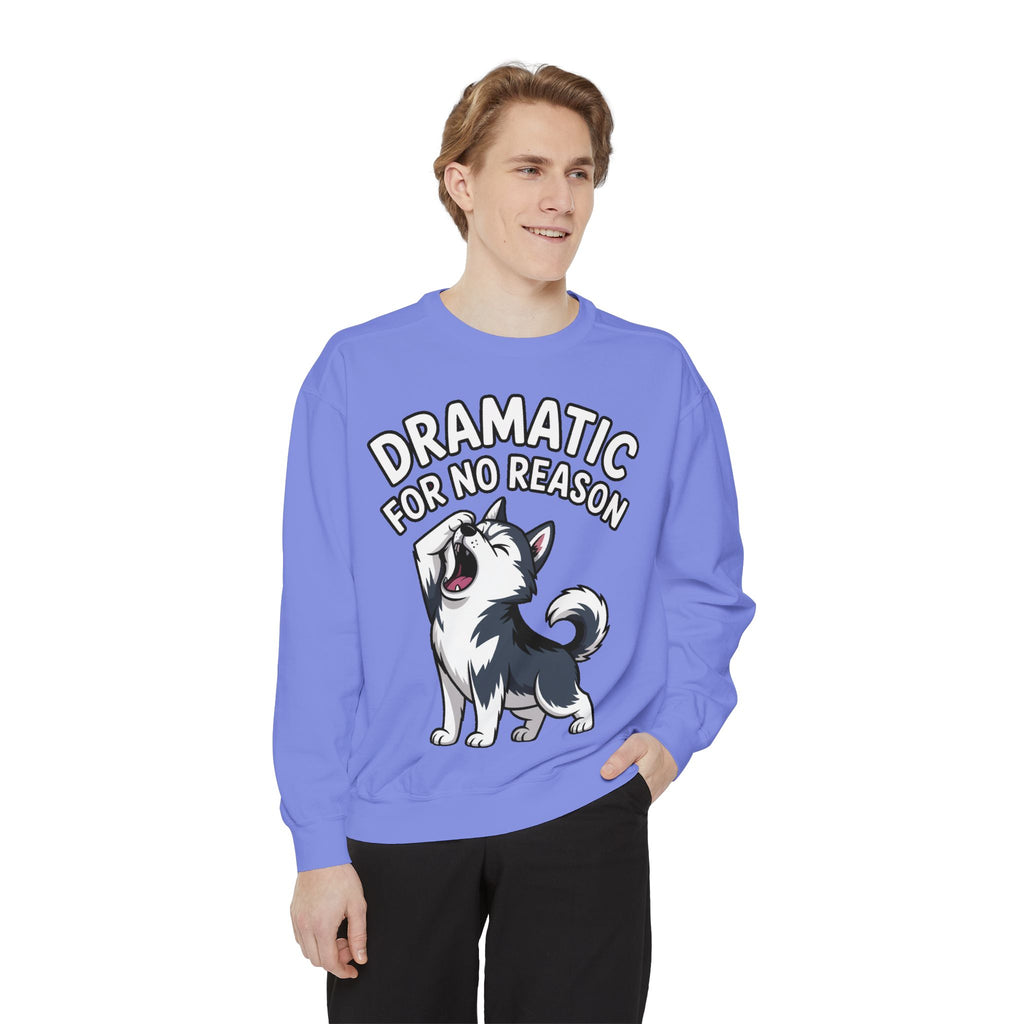 Dramatic Husky Sweatshirt, Funny Dog Lover Crewneck, Cute Cartoon Husky Embroidered Patch Style Sweatshirt, Gift for Husky Mom