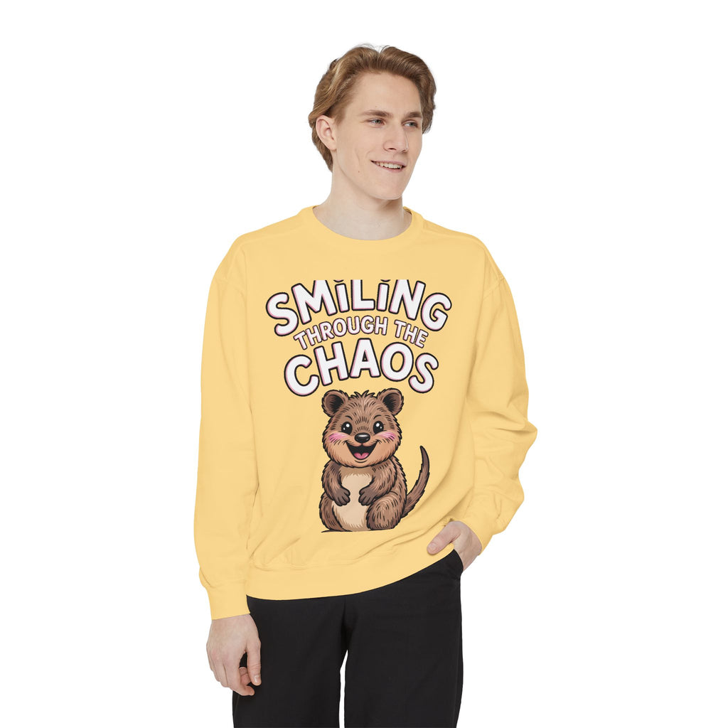 Smiling Through The Chaos Quokka Sweatshirt, Cute Embroidered-Look Crewneck, Funny Quokka Lover Gift, Positive Vibes Pullover