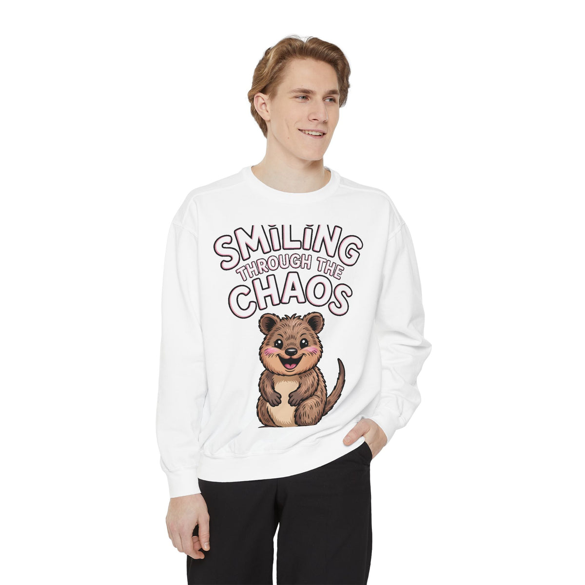 Smiling Through The Chaos Quokka Sweatshirt, Cute Embroidered-Look Crewneck, Funny Quokka Lover Gift, Positive Vibes Pullover