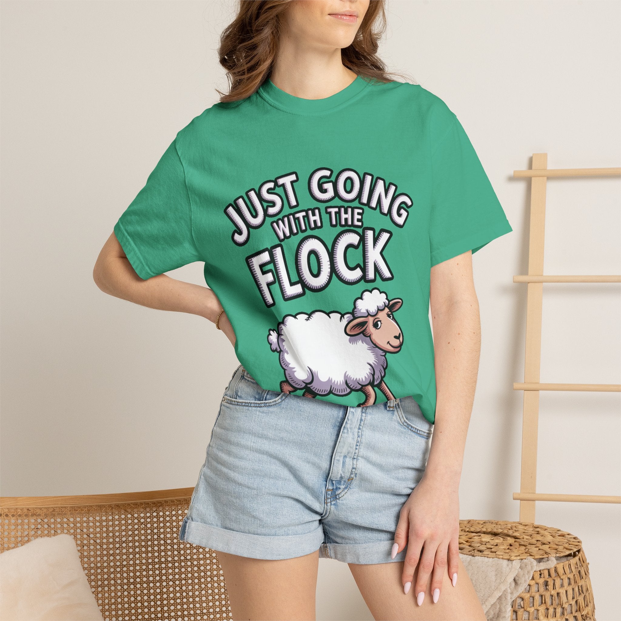 Funny Sheep T-Shirt, 'Just Going With The Flock' Shirt, Cute Cartoon Sheep Tee, Sarcastic Gift for Introverts