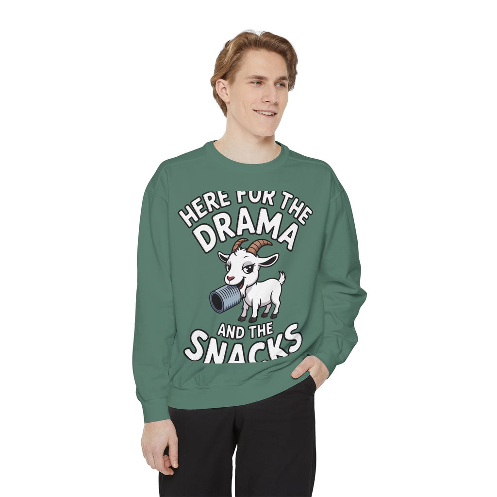 Funny Goat Sweatshirt, Here For The Drama And The Snacks Crewneck, Cute Goat Lover Gift, Embroidered Patch Style Sweatshirt