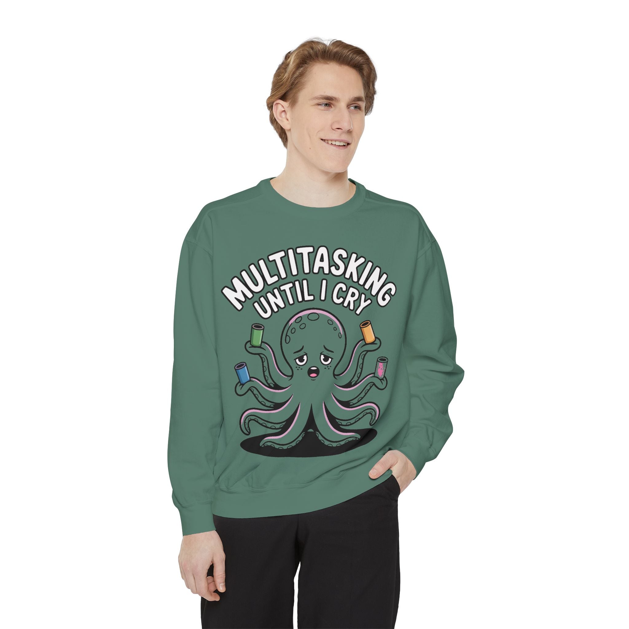 Multitasking Octopus Sweatshirt, Funny Stressed Octopus Crewneck, Embroidery-Patch Style Sweatshirt, Busy Mom Gift, Work Humor Pullover