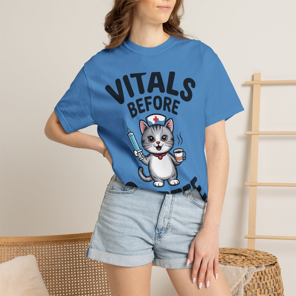 Vitals Before Coffee Nurse Shirt, Funny Nurse Cat T-Shirt, Cute Nurse Gift, Nursing Student Shirt, RN Coffee Lover Tee