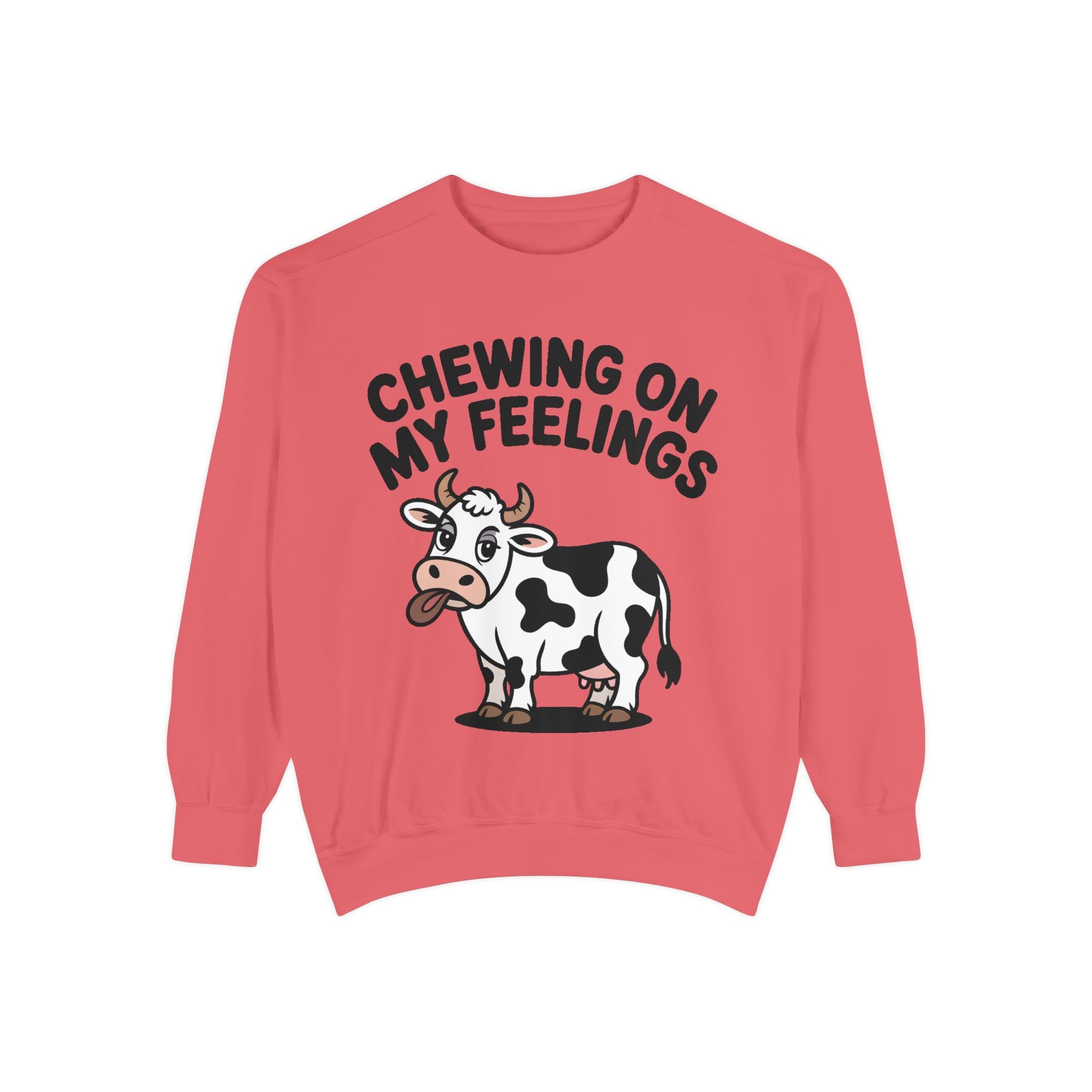 Chewing On My Feelings Sweatshirt, Funny Cow Crewneck, Cute Cow Lover Gift, Embroidered Style Cow Sweatshirt, Funny Farm Animal Shirt