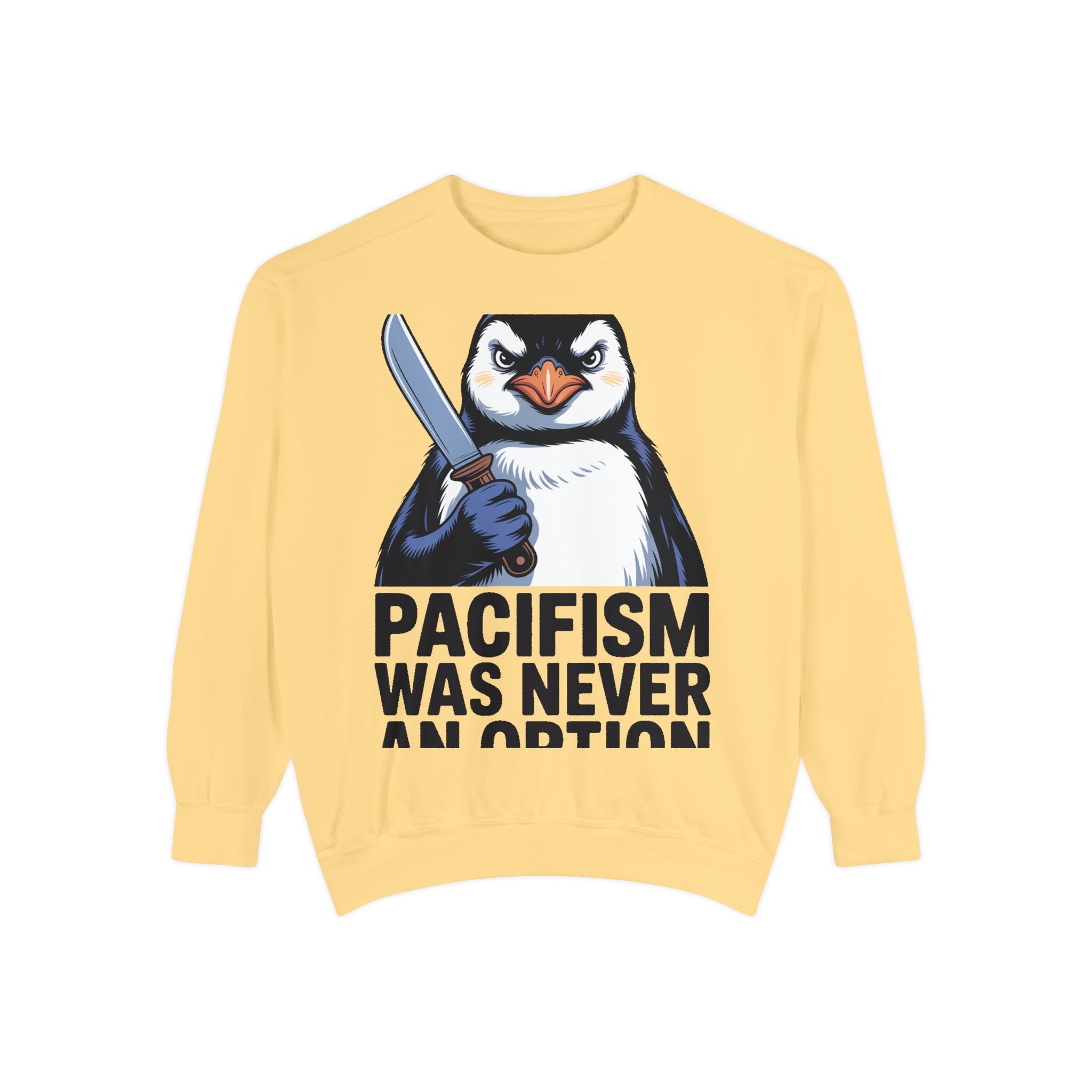 Pacifism Was Never An Option Penguin Sweatshirt, Funny Butter Knife Penguin Crewneck, Vintage Poster Style Graphic Sweatshirt Gift