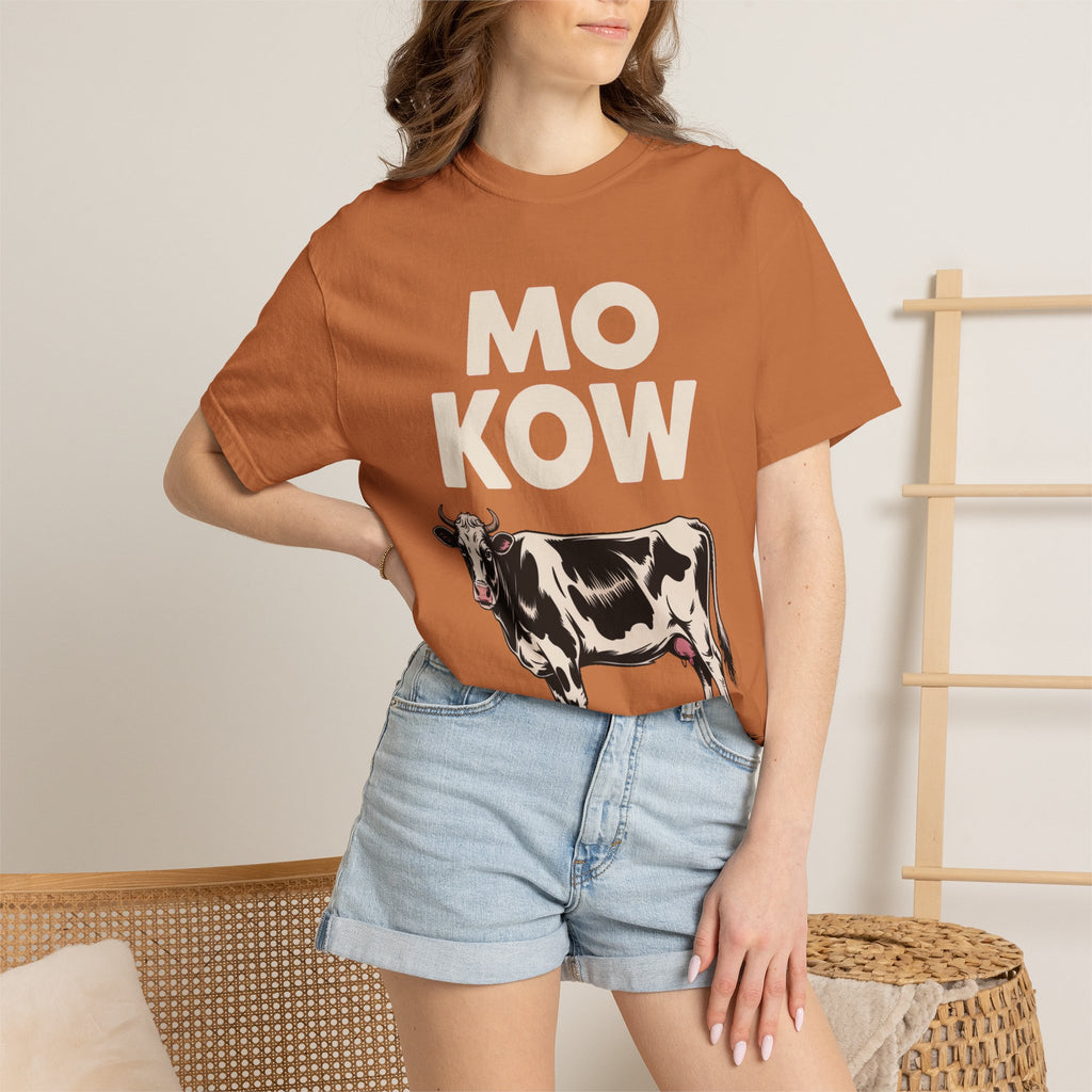 Mo Kow Funny Cow Shirt, Absurd Meme T-Shirt, Deadpan Farm Animal Tee, Weird Cow Lover Gift, Funny Misspelled Label Shirt