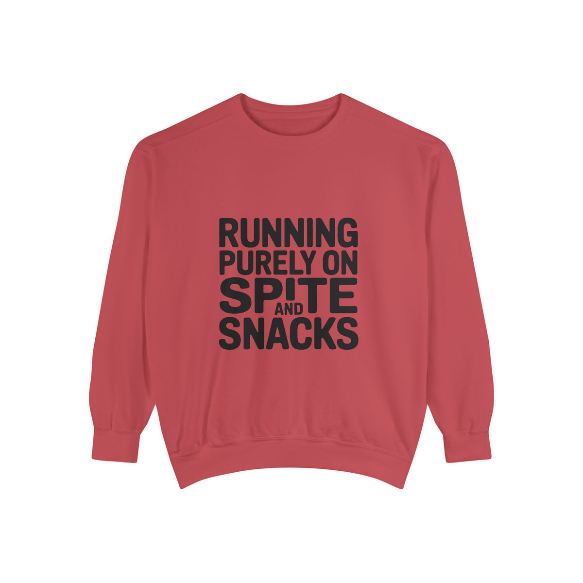 Running On Spite And Snacks Sweatshirt, Funny Sarcastic Crewneck, Embroidered-Look Bold Text Sweatshirt, Sarcastic Gift for Friend
