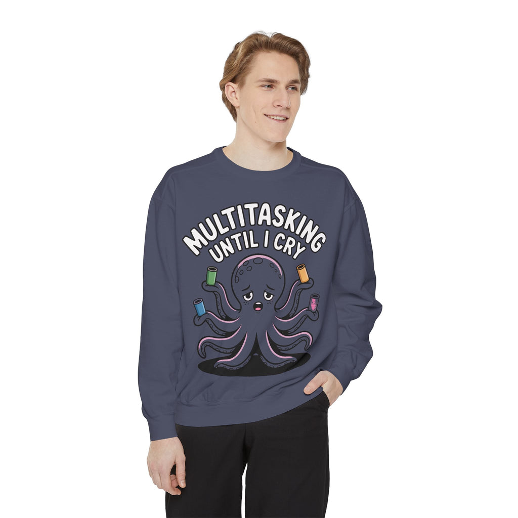 Multitasking Octopus Sweatshirt, Funny Stressed Octopus Crewneck, Embroidery-Patch Style Sweatshirt, Busy Mom Gift, Work Humor Pullover