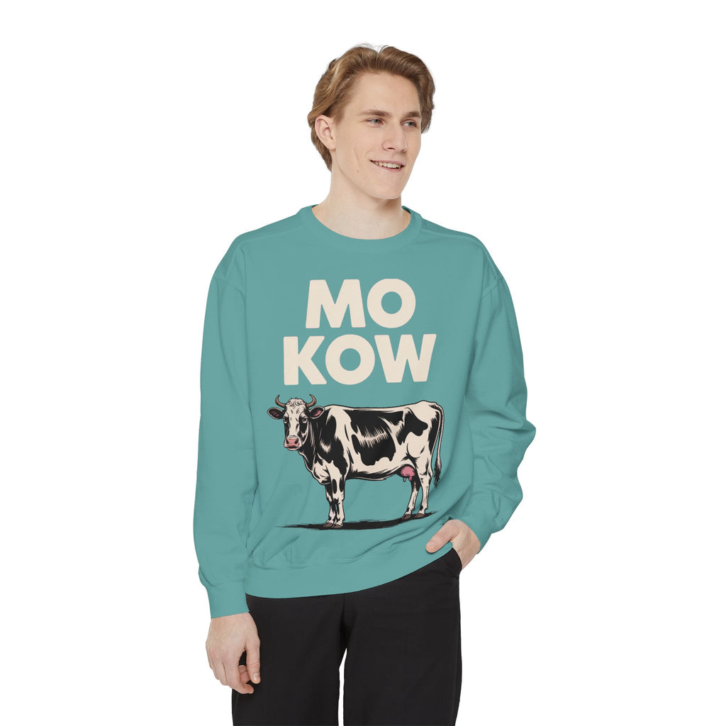 Mo Kow Funny Cow Sweatshirt, Absurd Meme Crewneck, Deadpan Farm Animal Embroidered Sweatshirt, Funny Cow Lover Gift