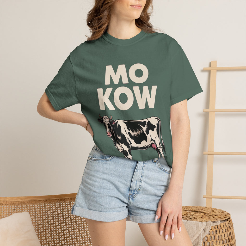 Mo Kow Funny Cow Shirt, Absurd Meme T-Shirt, Deadpan Farm Animal Tee, Weird Cow Lover Gift, Funny Misspelled Label Shirt