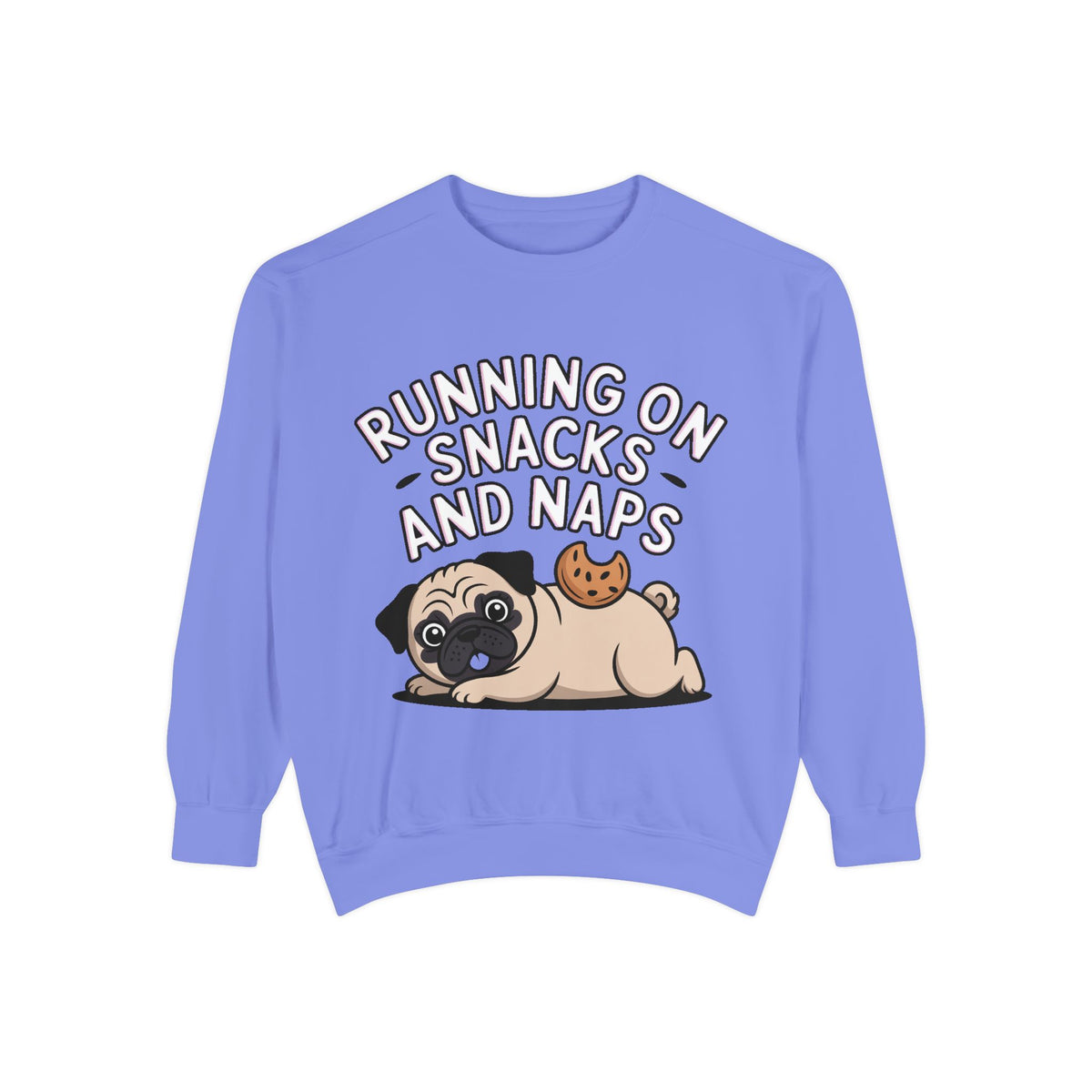 Pug Sweatshirt, Funny Running On Snacks And Naps Crewneck, Cute Pug Lover Gift, Embroidered Patch Style Dog Sweater