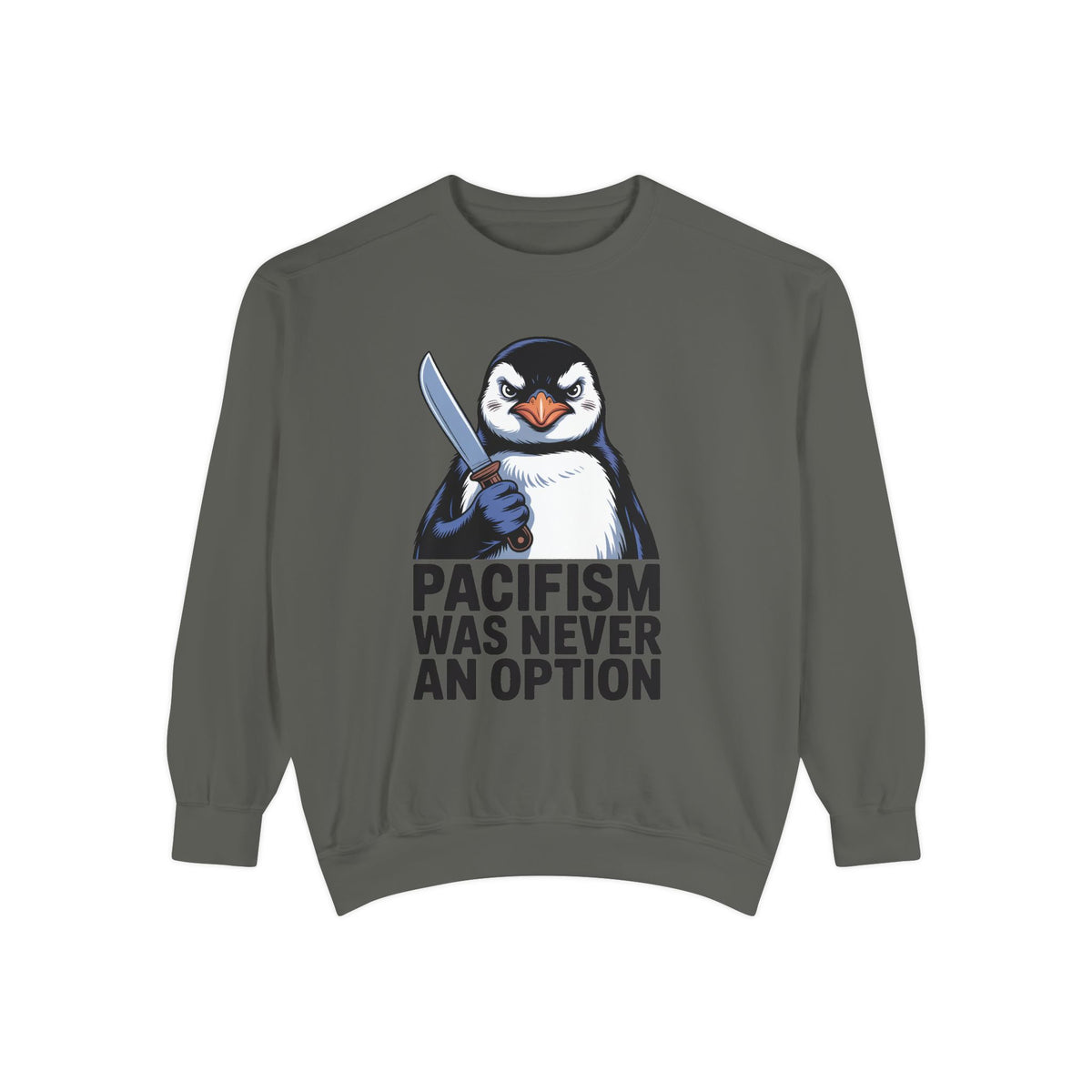Pacifism Was Never An Option Penguin Sweatshirt, Funny Butter Knife Penguin Crewneck, Vintage Poster Style Graphic Sweatshirt Gift