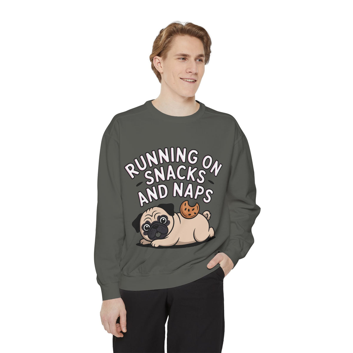 Pug Sweatshirt, Funny Running On Snacks And Naps Crewneck, Cute Pug Lover Gift, Embroidered Patch Style Dog Sweater