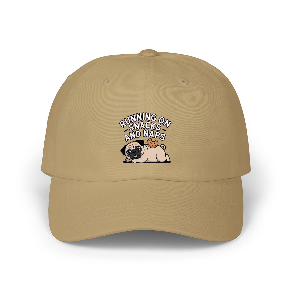 Pug Dad Hat, Funny Pug Cap, Running On Snacks And Naps Embroidered Hat, Cute Pug Lover Gift, Unstructured Dad Cap For Napping Dog Mom
