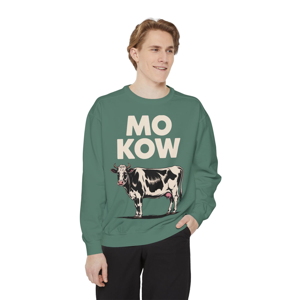 Mo Kow Funny Cow Sweatshirt, Absurd Meme Crewneck, Deadpan Farm Animal Embroidered Sweatshirt, Funny Cow Lover Gift
