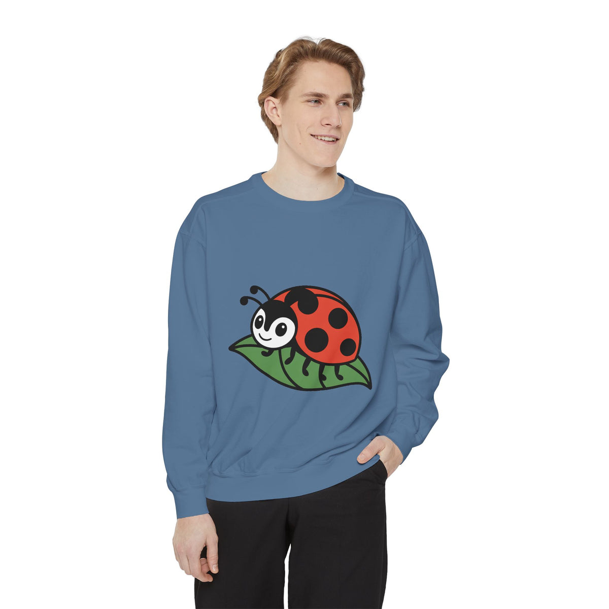Ladybug Sweatshirt, Cute Embroidered Ladybug On Leaf Crewneck, Garden Lover Gift, Nature Sweatshirt