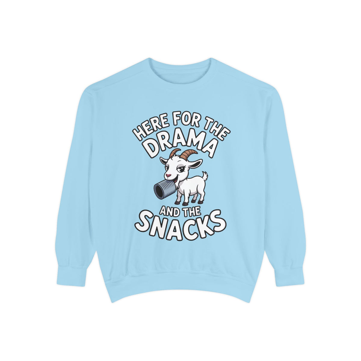 Funny Goat Sweatshirt, Here For The Drama And The Snacks Crewneck, Cute Goat Lover Gift, Embroidered Patch Style Sweatshirt