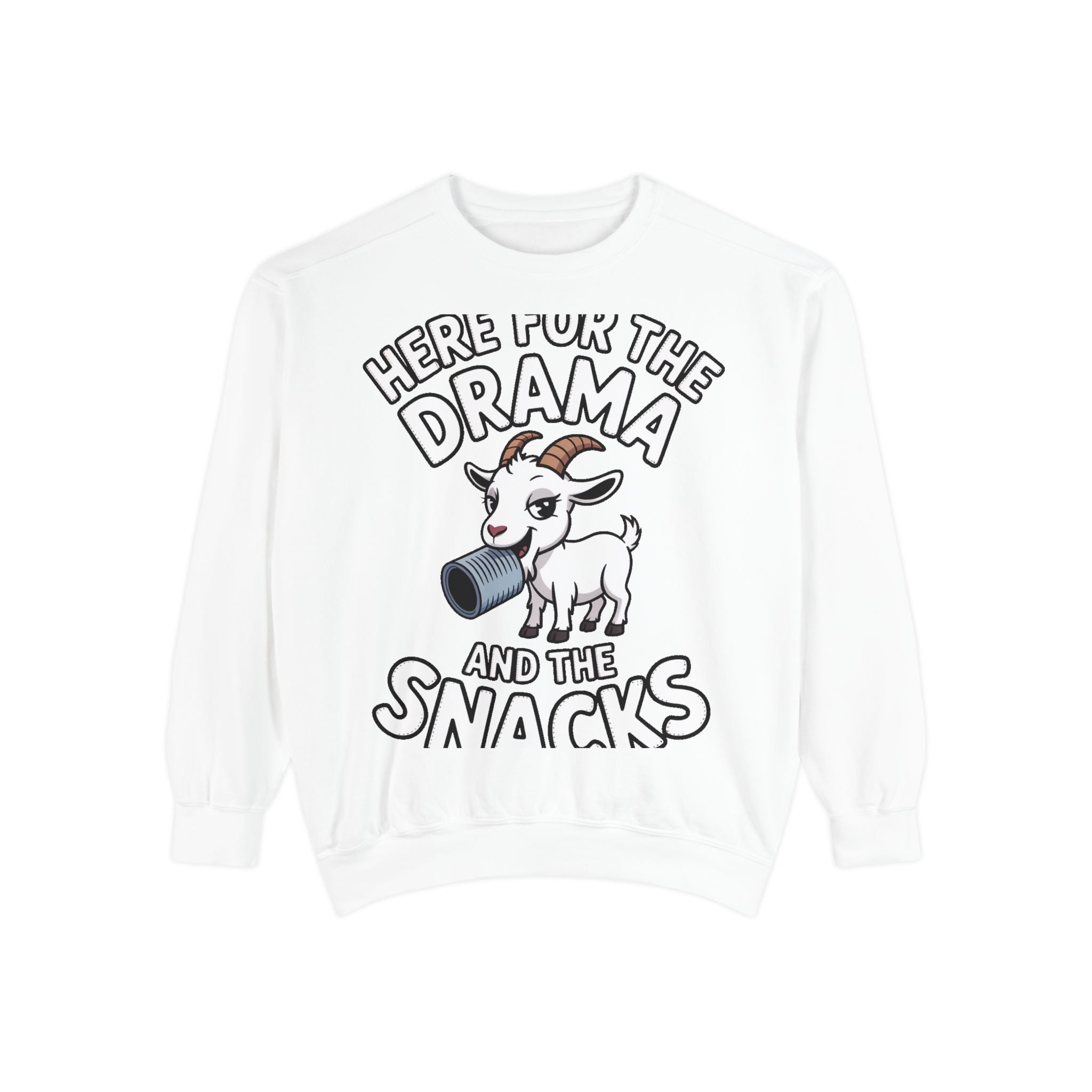 Funny Goat Sweatshirt, Here For The Drama And The Snacks Crewneck, Cute Goat Lover Gift, Embroidered Patch Style Sweatshirt