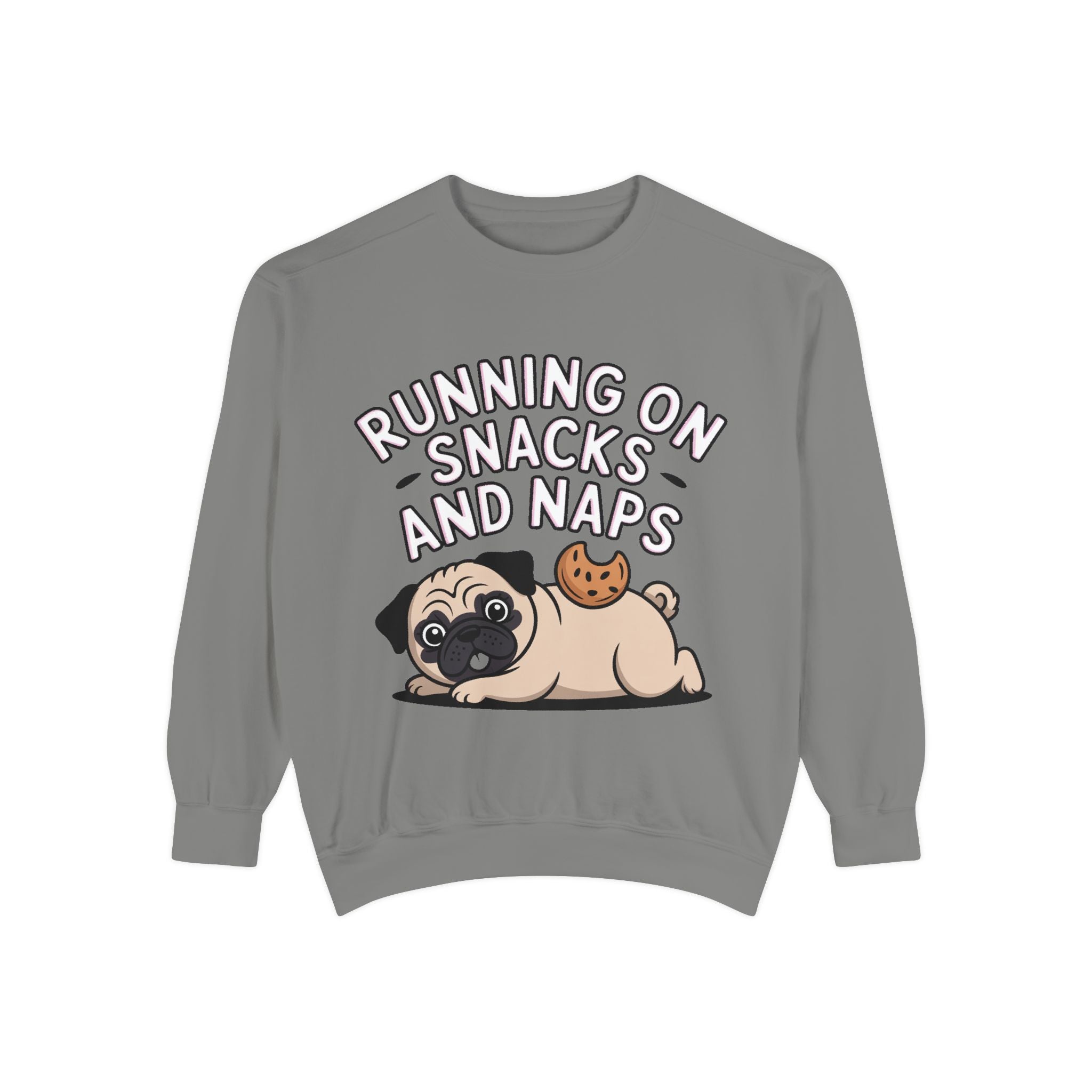 Pug Sweatshirt, Funny Running On Snacks And Naps Crewneck, Cute Pug Lover Gift, Embroidered Patch Style Dog Sweater