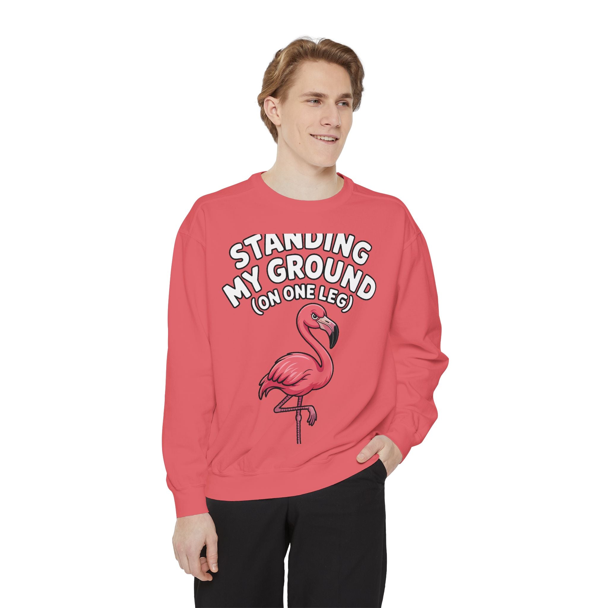 Standing My Ground Flamingo Sweatshirt, Funny One Leg Flamingo Crewneck, Sassy Bird Lover Gift, Embroidered Patch Style Sweatshirt