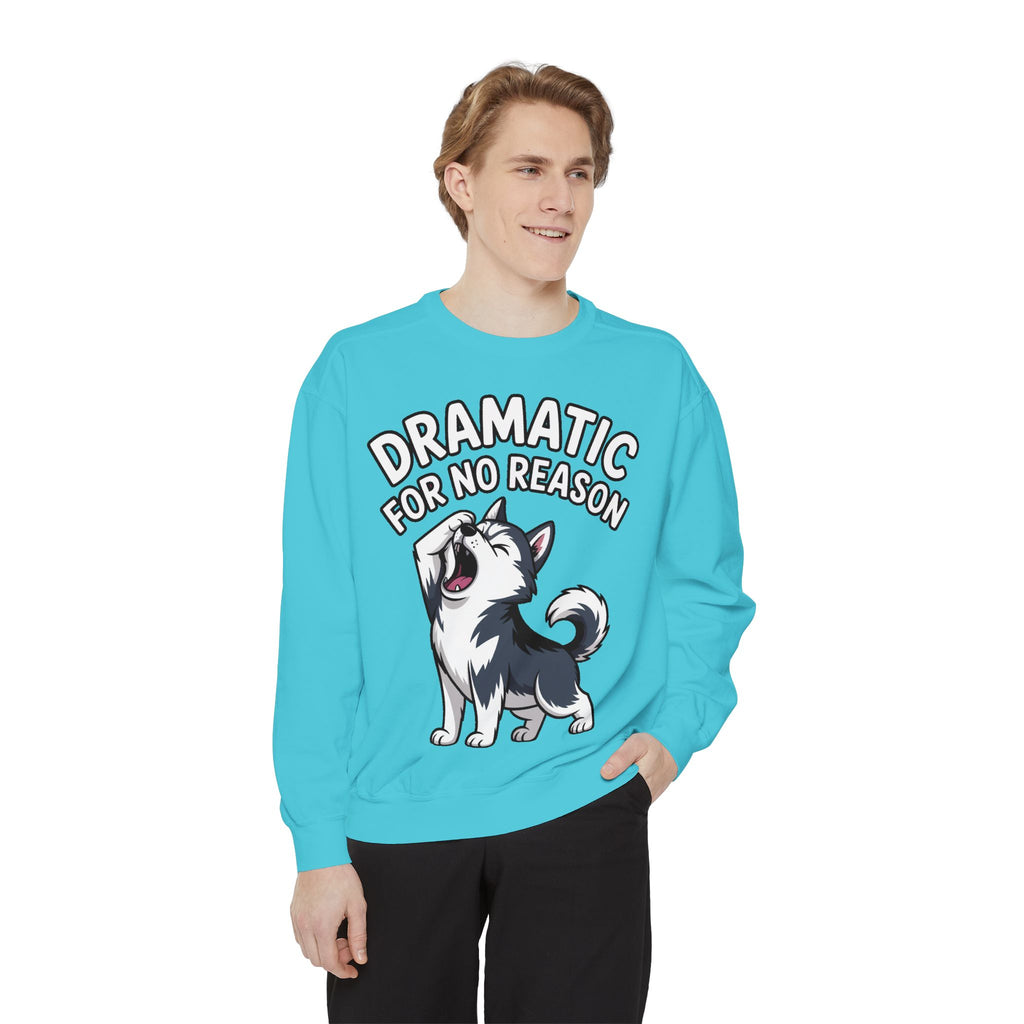Dramatic Husky Sweatshirt, Funny Dog Lover Crewneck, Cute Cartoon Husky Embroidered Patch Style Sweatshirt, Gift for Husky Mom