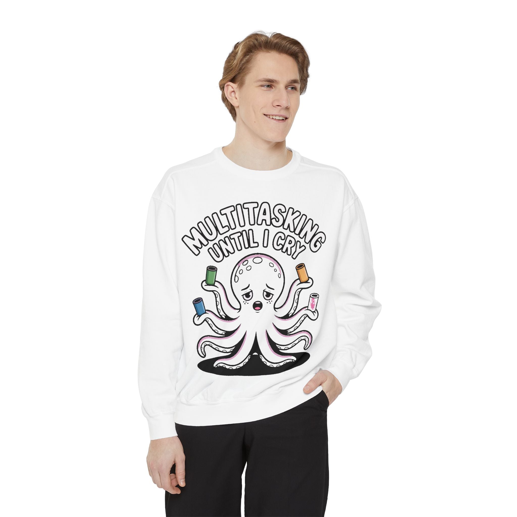 Multitasking Octopus Sweatshirt, Funny Stressed Octopus Crewneck, Embroidery-Patch Style Sweatshirt, Busy Mom Gift, Work Humor Pullover