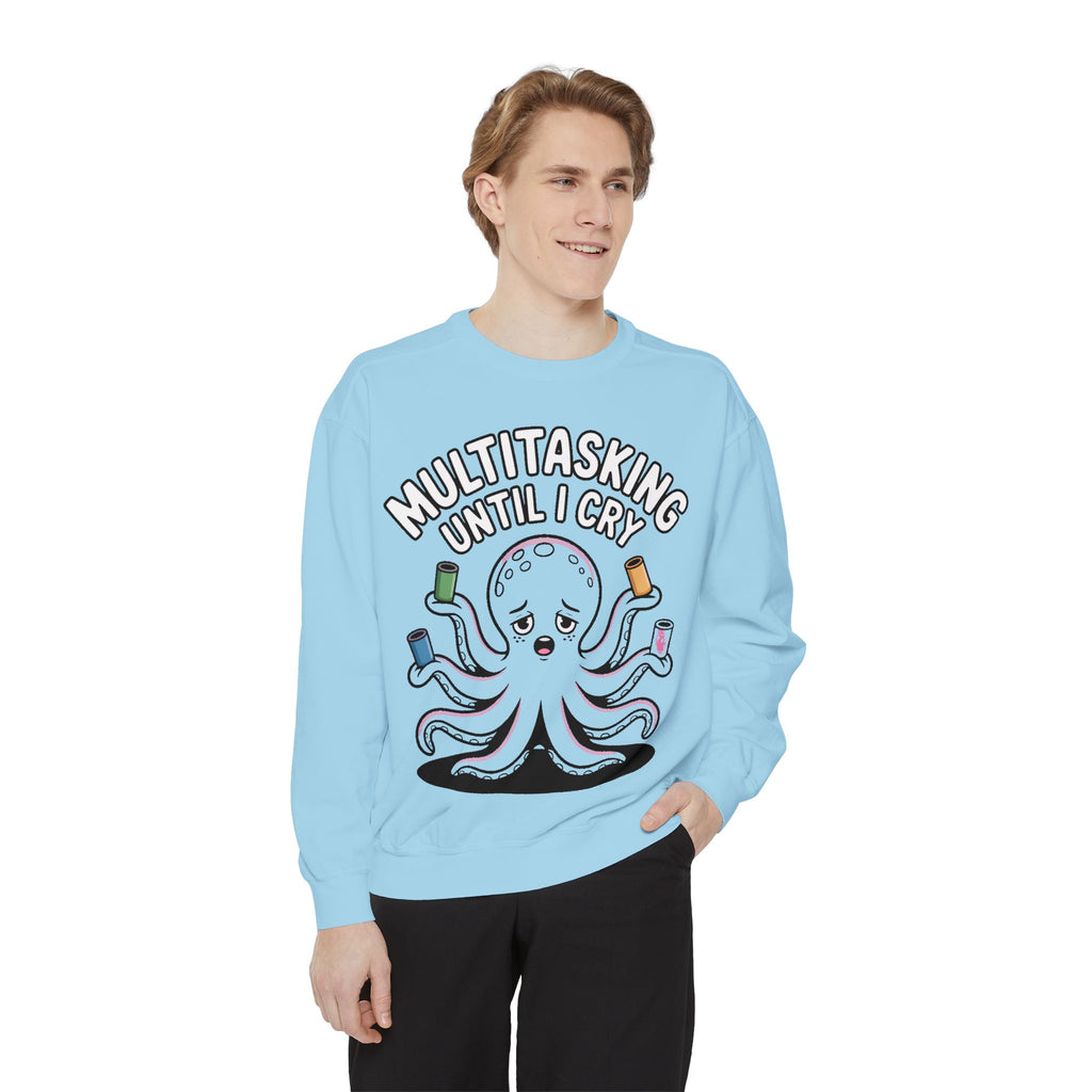 Multitasking Octopus Sweatshirt, Funny Stressed Octopus Crewneck, Embroidery-Patch Style Sweatshirt, Busy Mom Gift, Work Humor Pullover